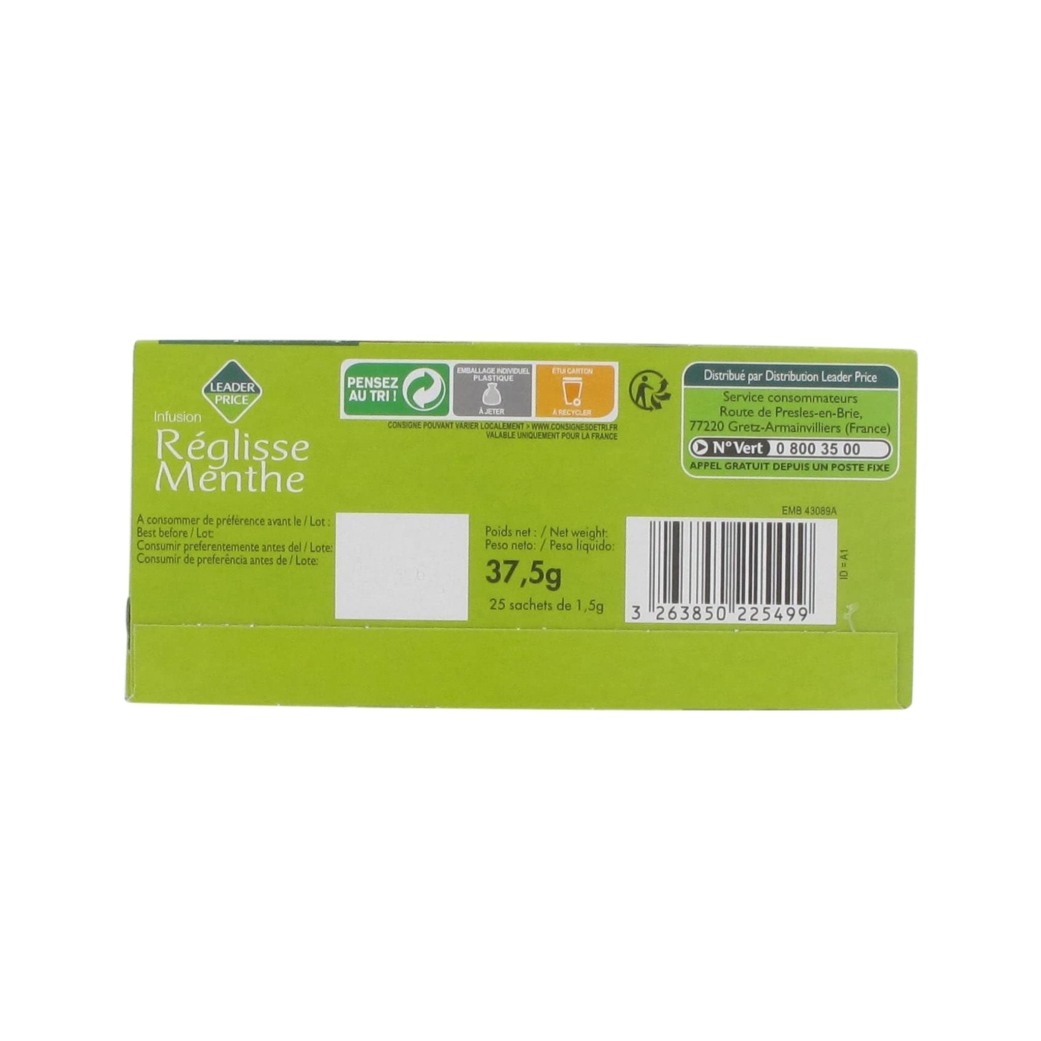 Leader Price Petit-déjeuner infusion réglisse menthe 25 sachets 37g