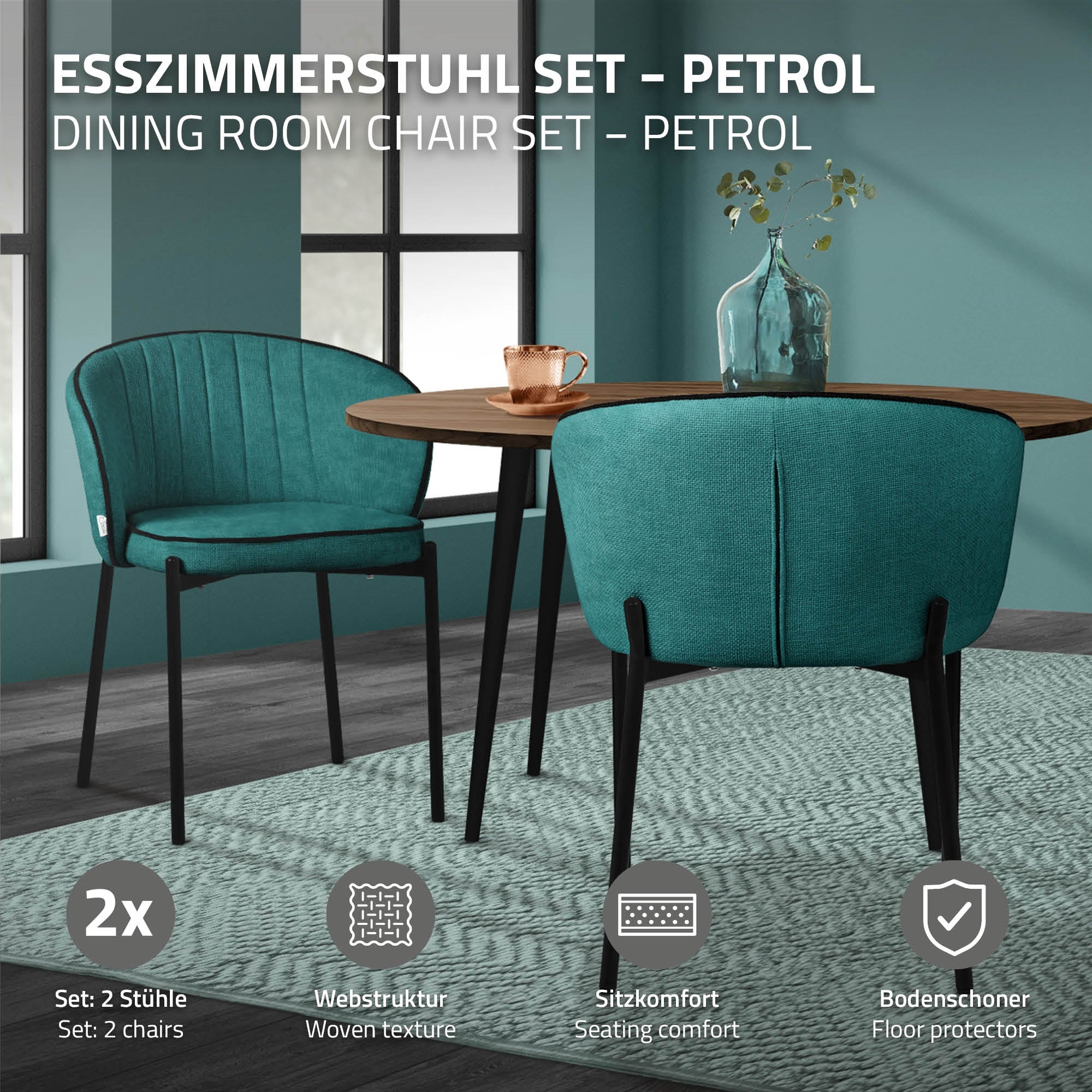ECD Germany Chaise salle à manger Pétrole Tissu Lot de 2 120 kg