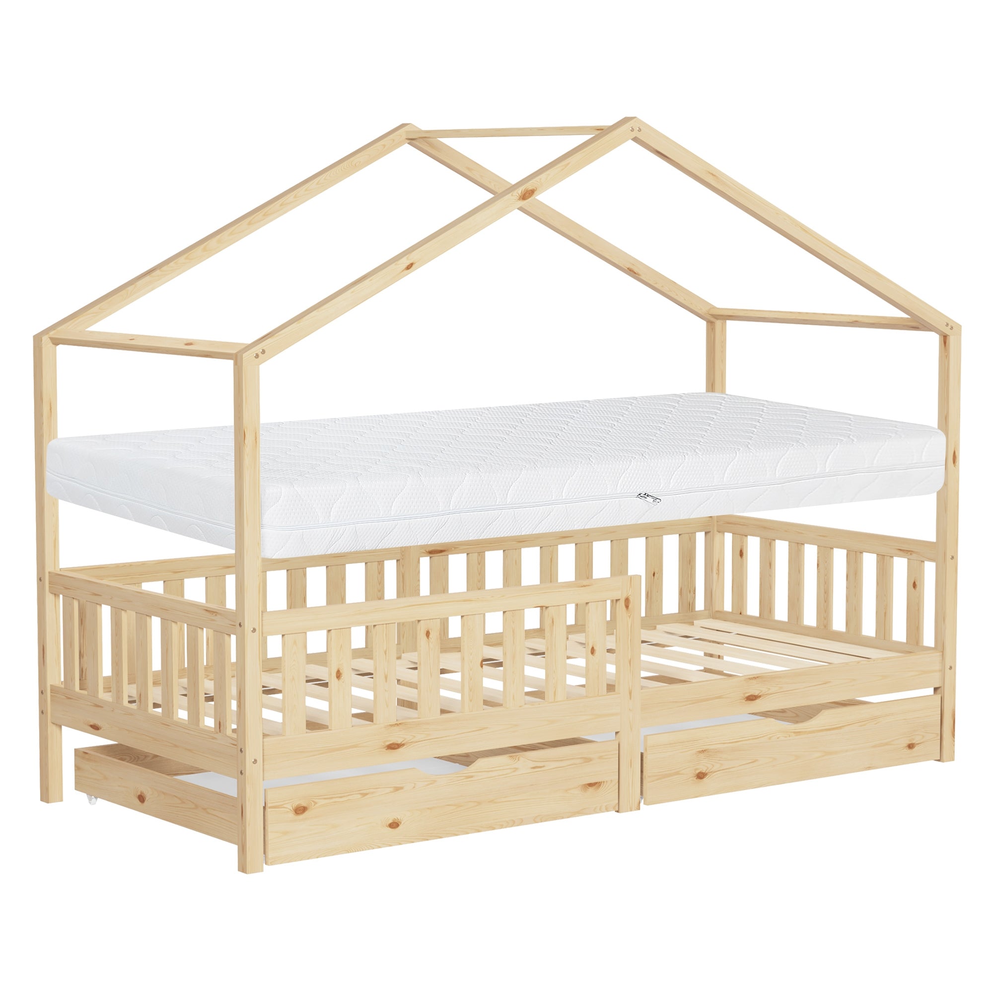 ECD Germany Kinder lit maison 90x200 naturel pin + matelas