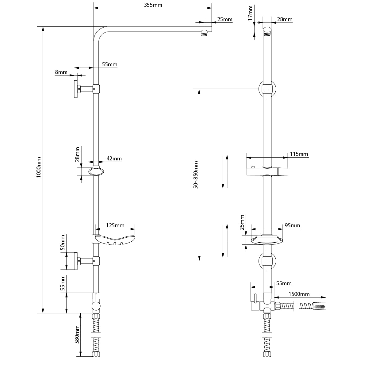 ECD Germany Sanitär Barre douche 105 cm chromé ovale sans tête