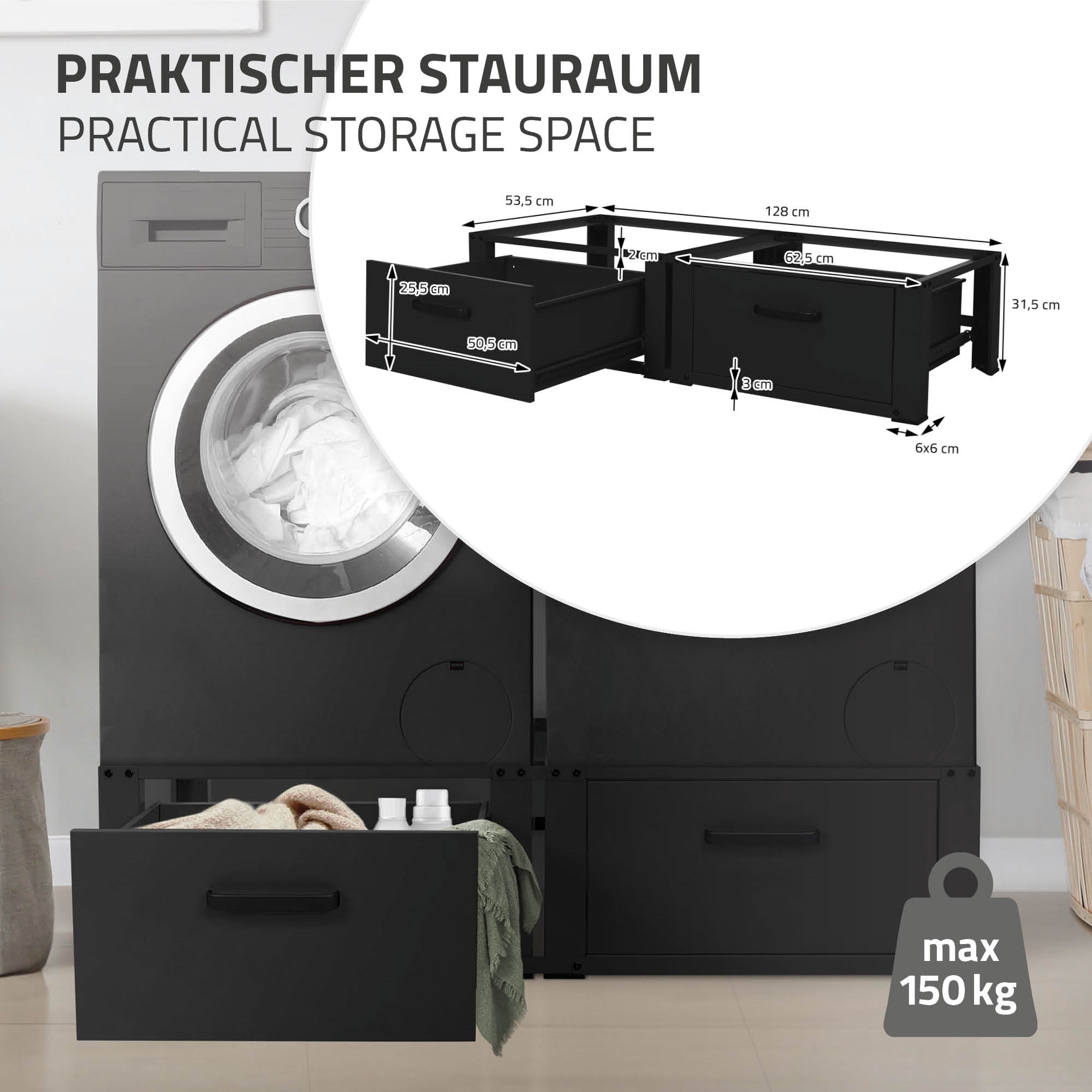 ECD Germany Möbel socle lave-linge 128 cm noir avec tiroir
