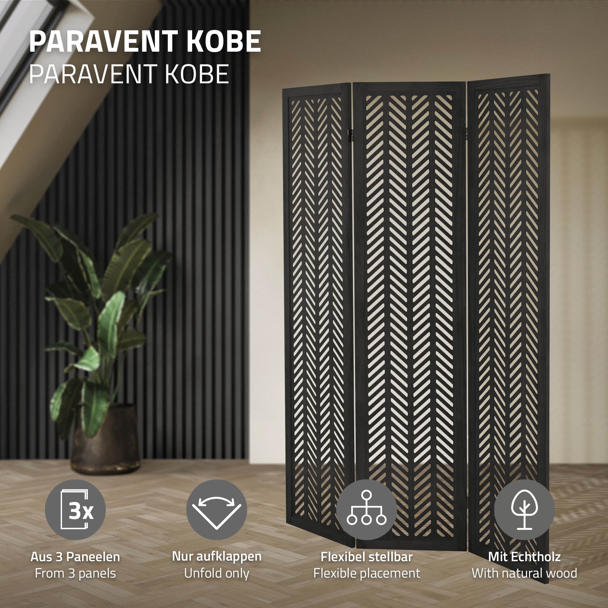 ML-Design Kobe paravent bois noir 3 volets 170x121 cm