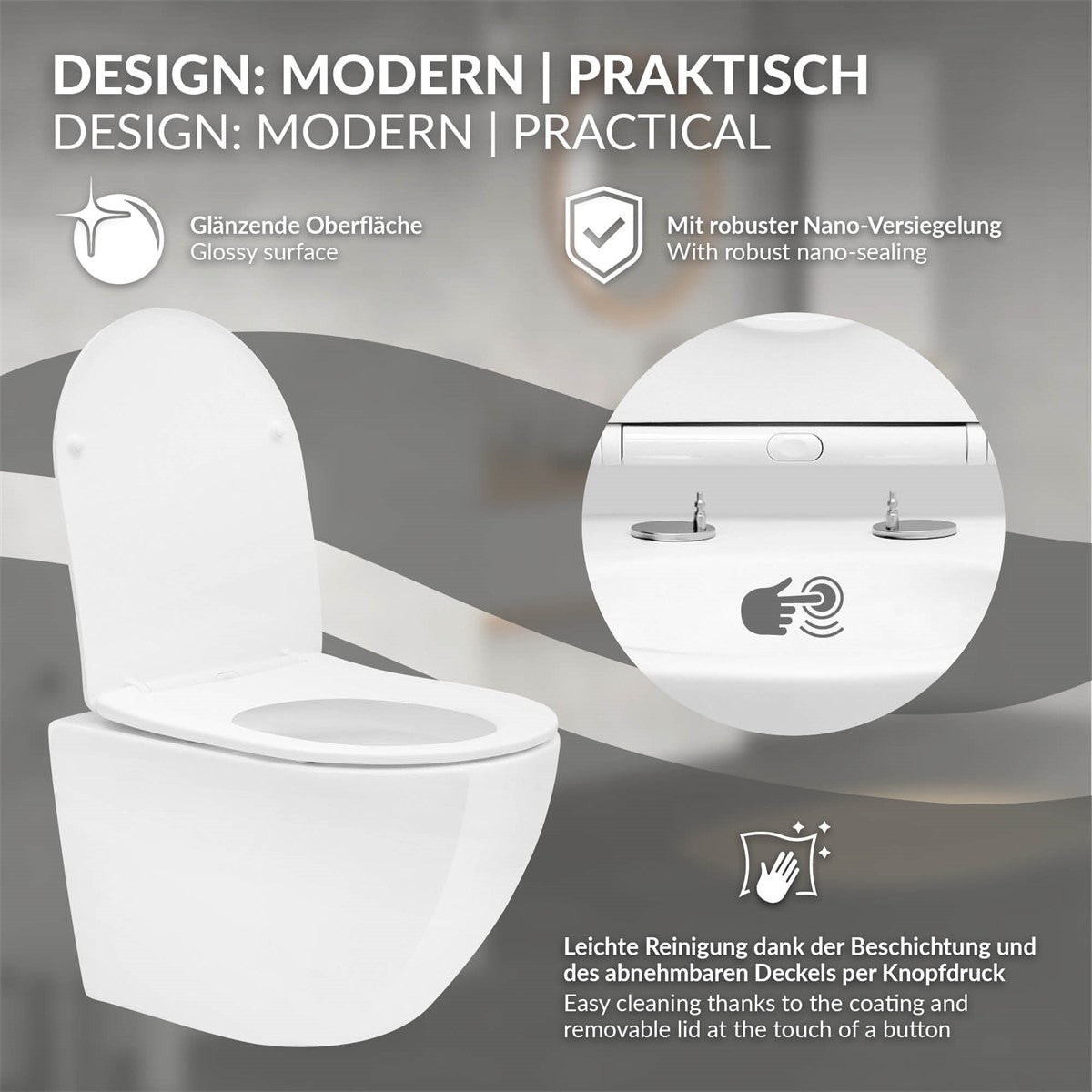 LuxeBath WC suspendu céramique sans bride court long noir blanc