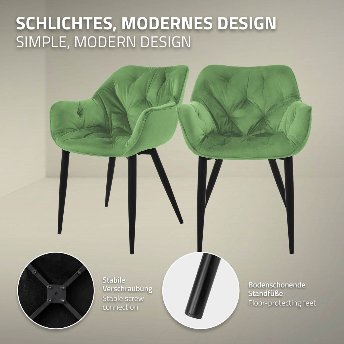 ECD Germany Chaise salle à manger Sauge Velours Lot de 2 Matelassée