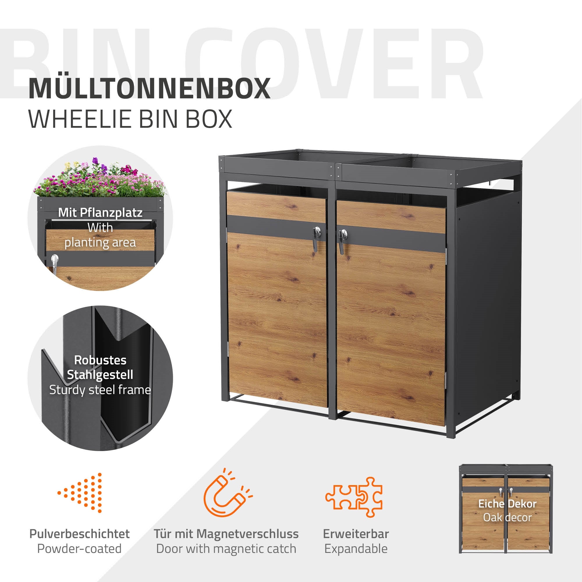 ECD Germany Cache-Poubelles Double Acier Chêne 240L Jardinière