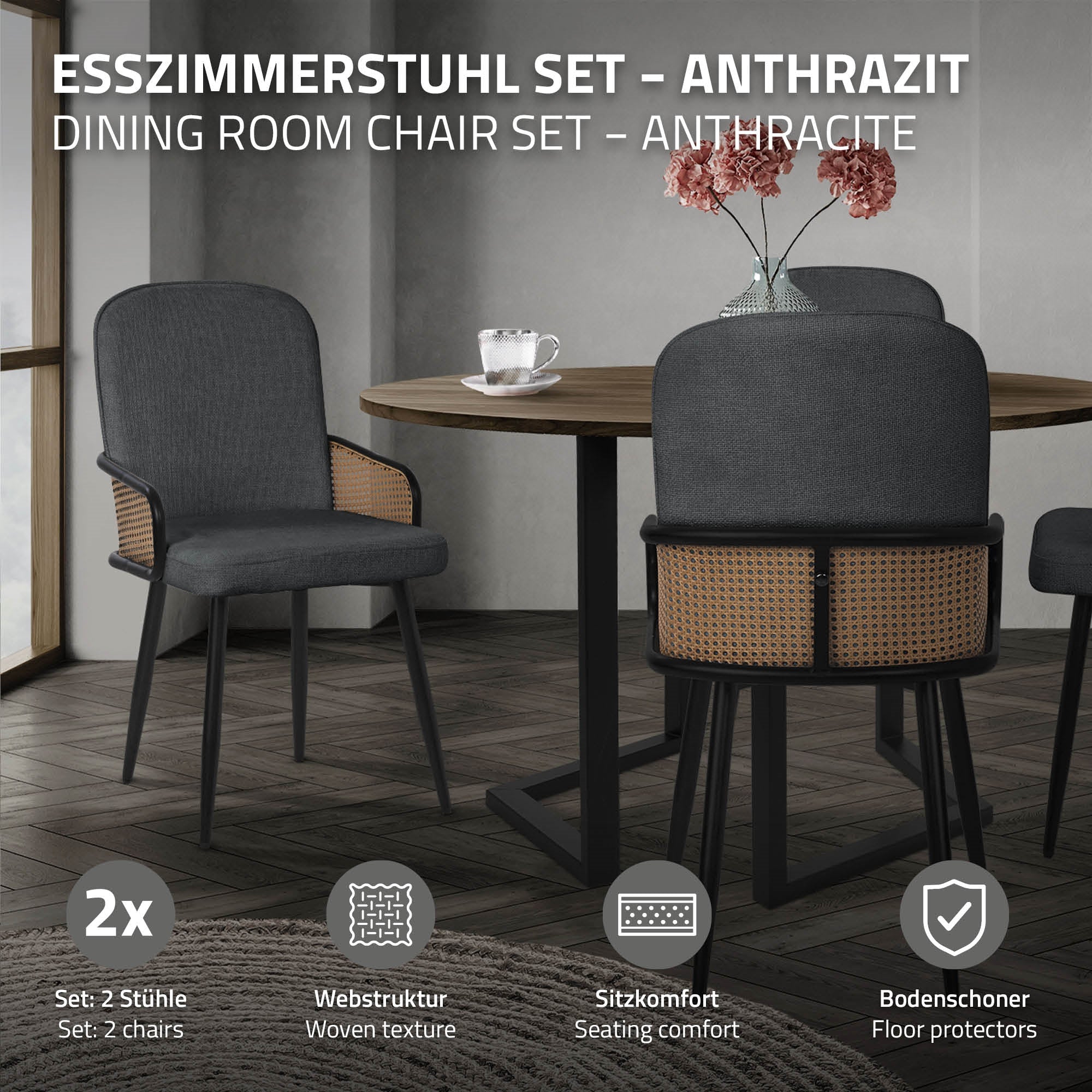 ECD Germany ML-Design chaises salle à manger anthracite lot de 2