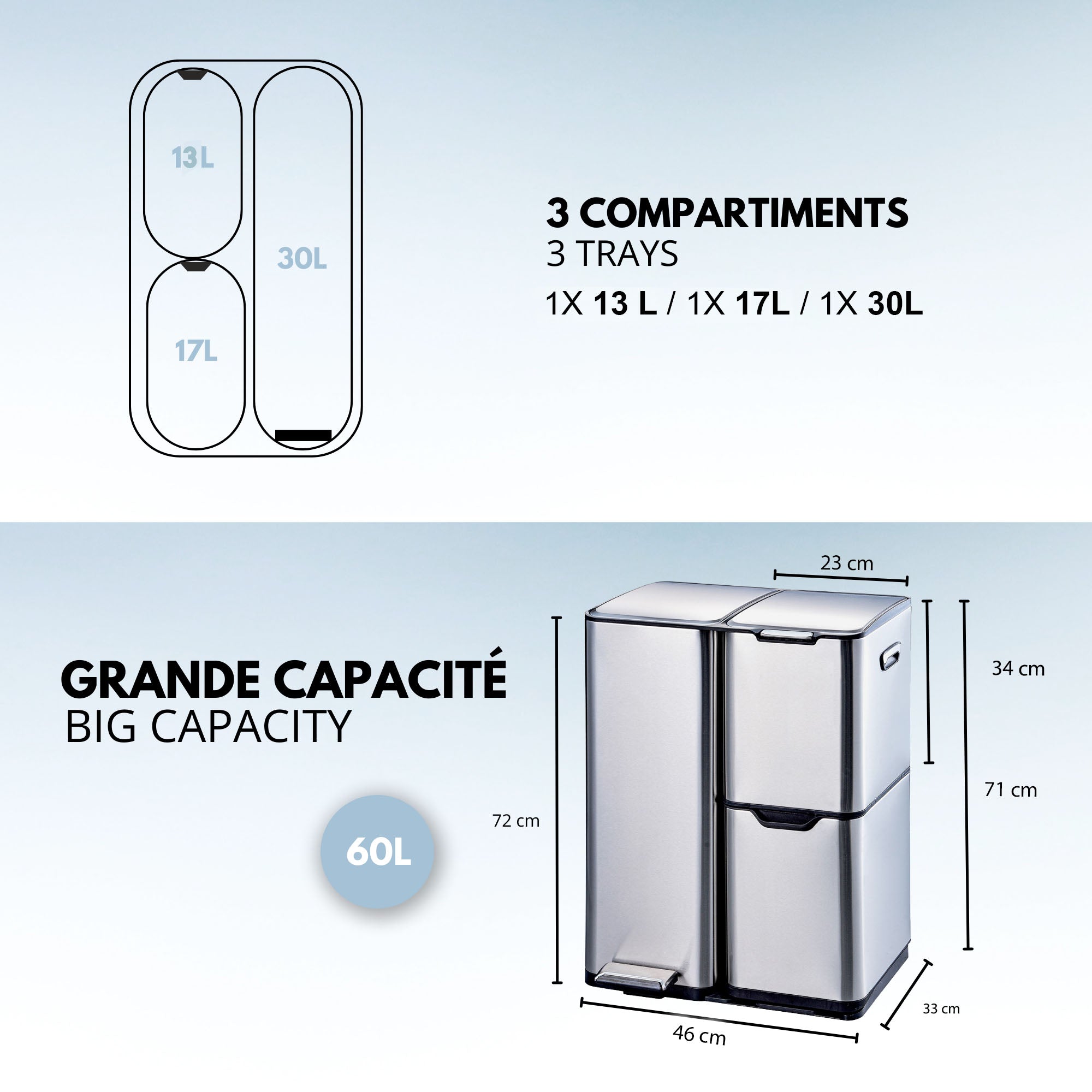 Red Deco Haja 60L poubelle tri 3 bacs inox à pédale