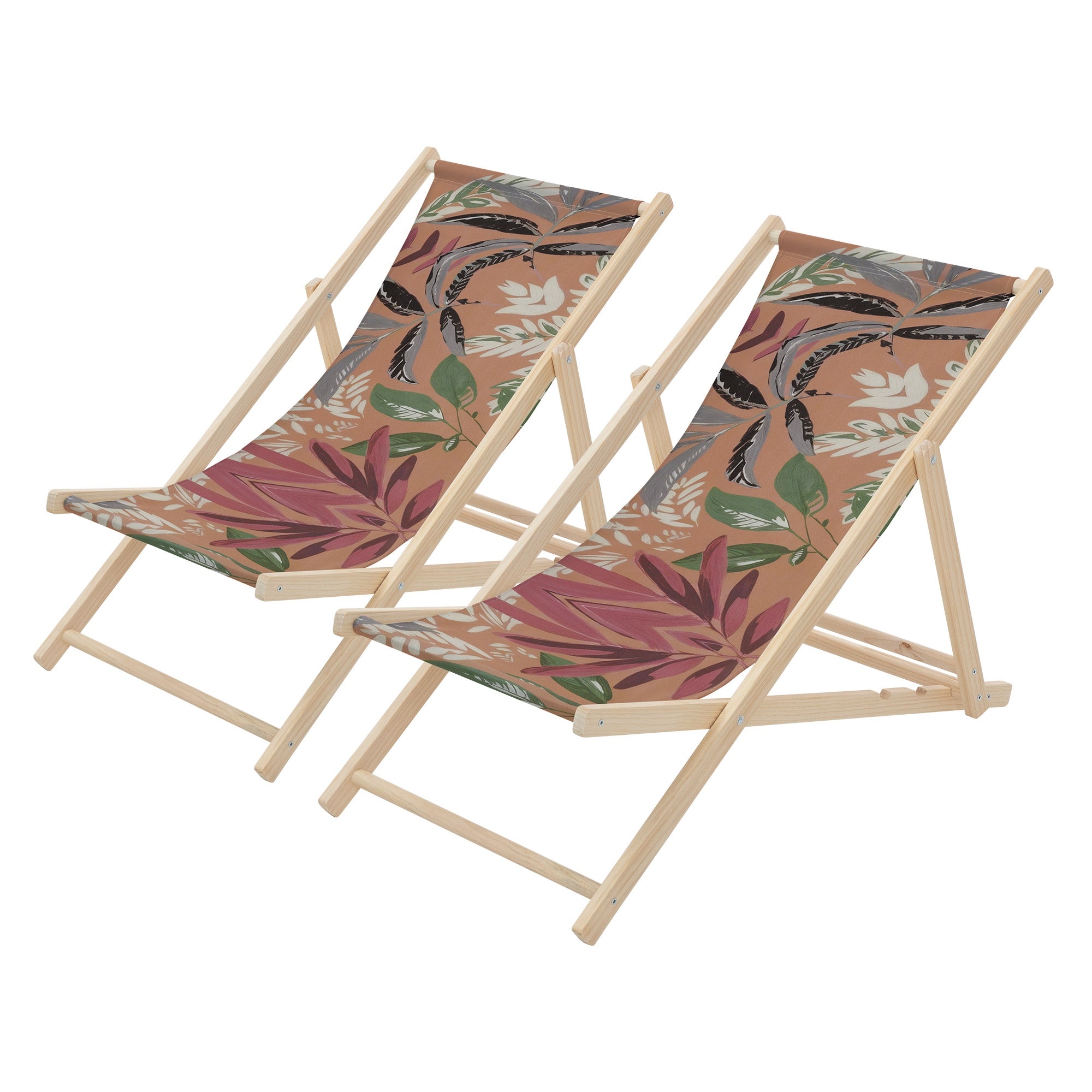 ML-Design lot 2 transats bois pliants floral marron rouge vert