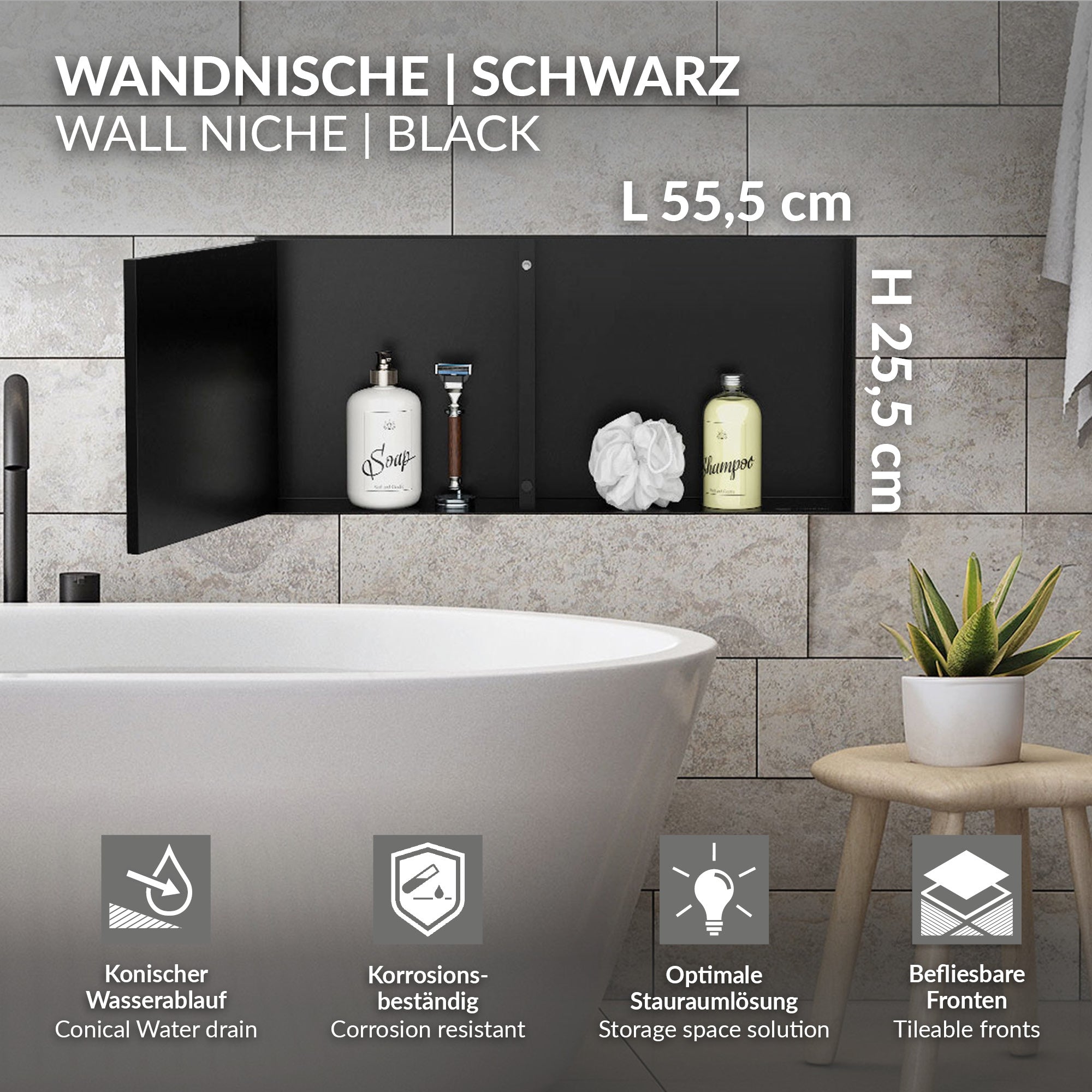 LuxeBath niche de douche inox noire 60x30x10 cm porte