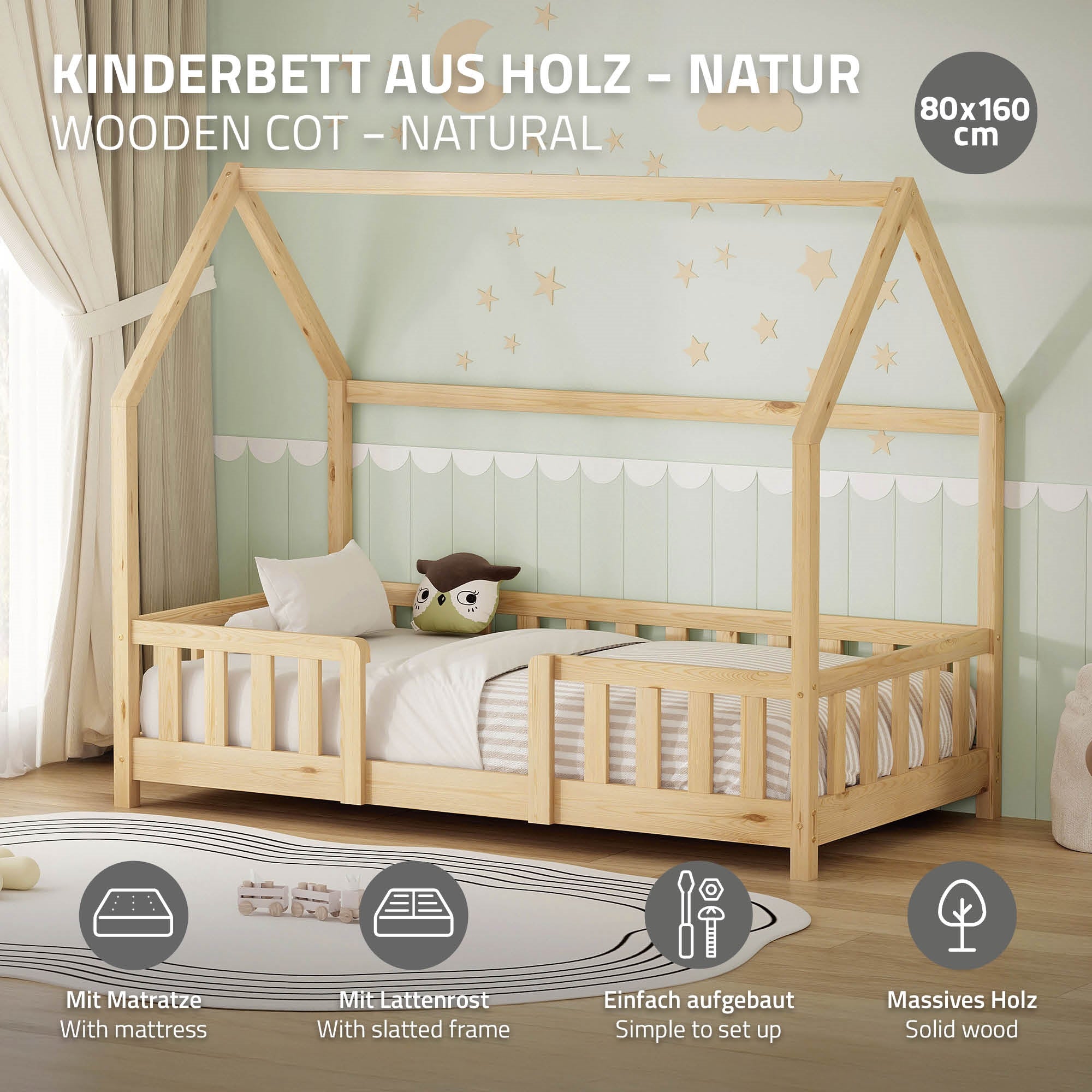 ECD Germany lit cabane enfant 80x160 pin naturel avec matelas