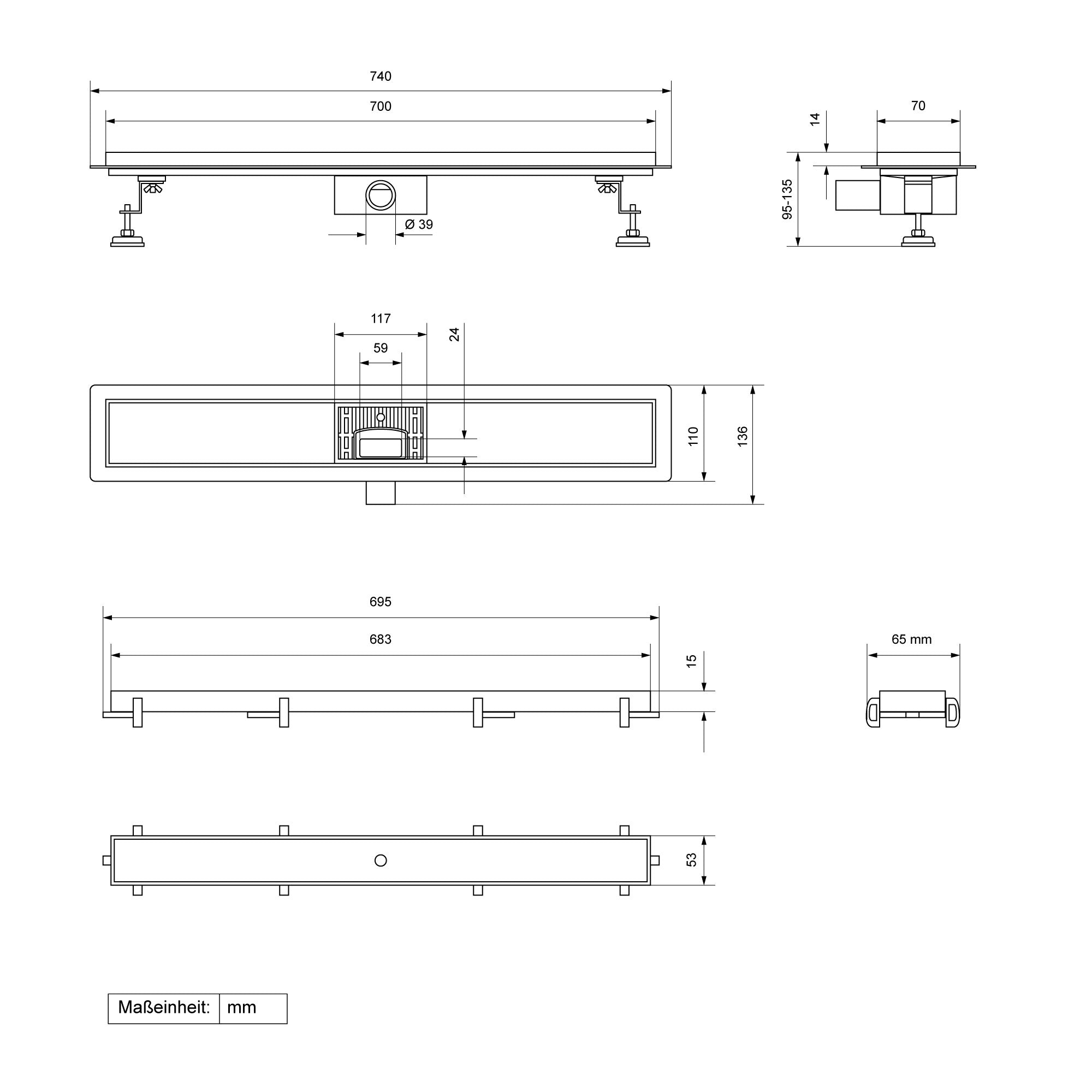 ECD Germany ML-Design caniveau douche inox 70 cm à carreler