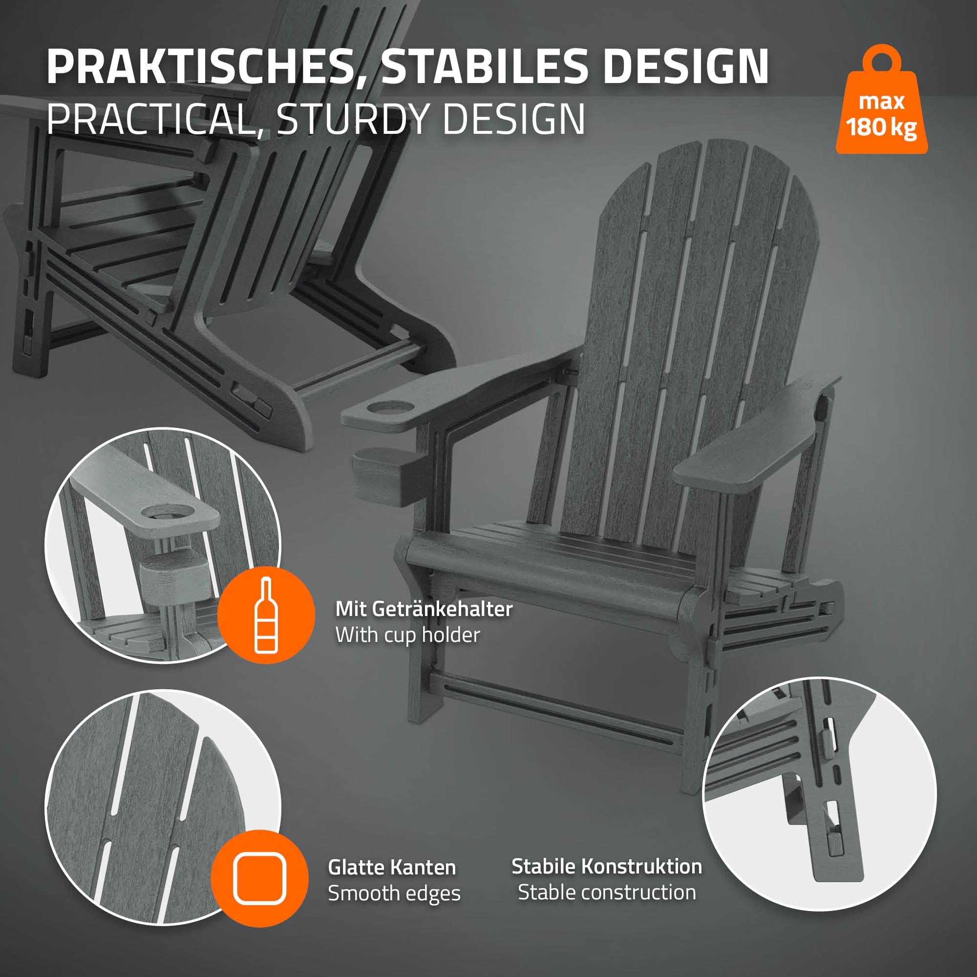 ML-Design Adirondack fauteuil jardin gris HDPE