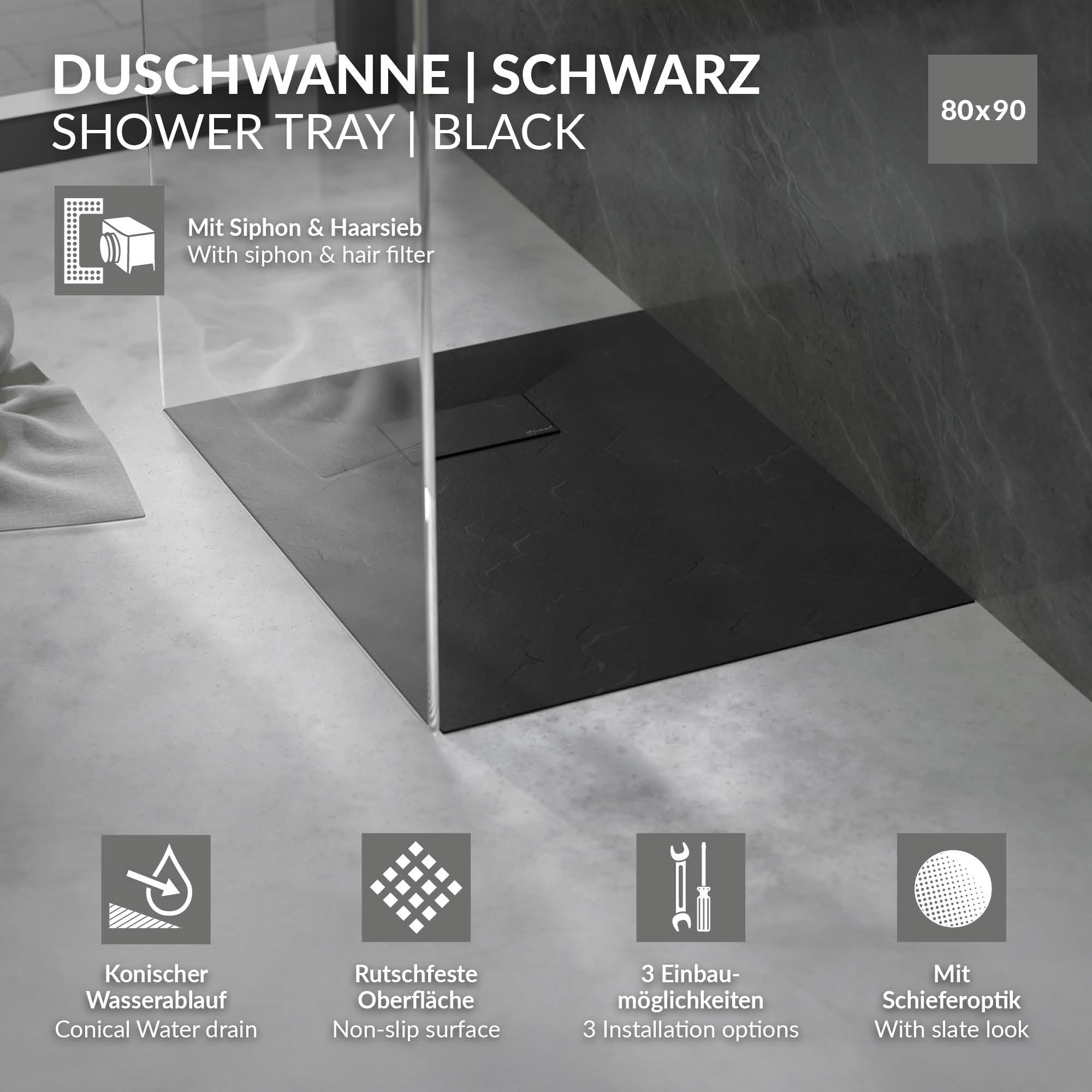 LuxeBath Receveur Douche Noir 90x80 cm Extra-Plat Antidérapant
