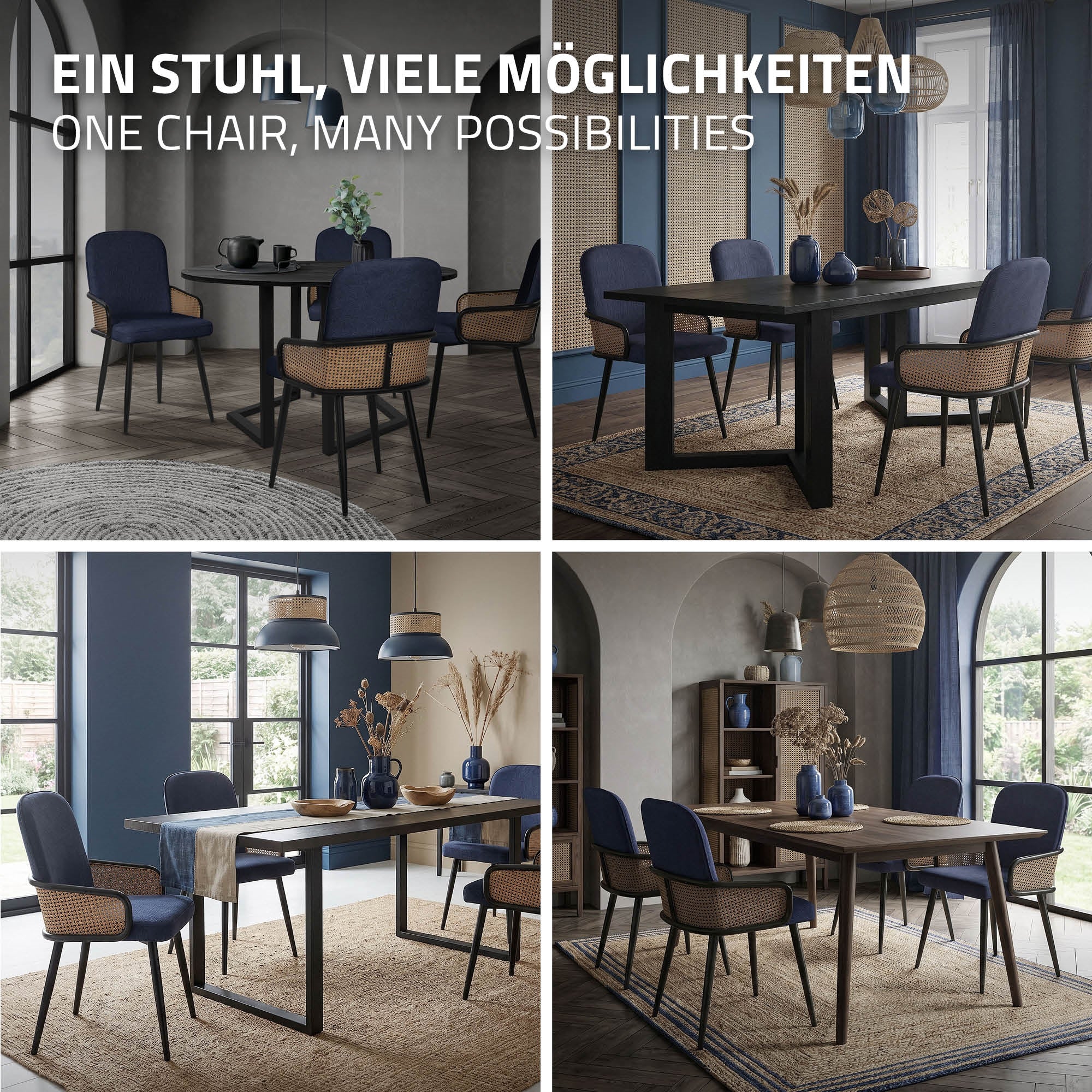 ECD Germany Möbel Lot 6 chaises bleu foncé tissu rotin accoudoirs