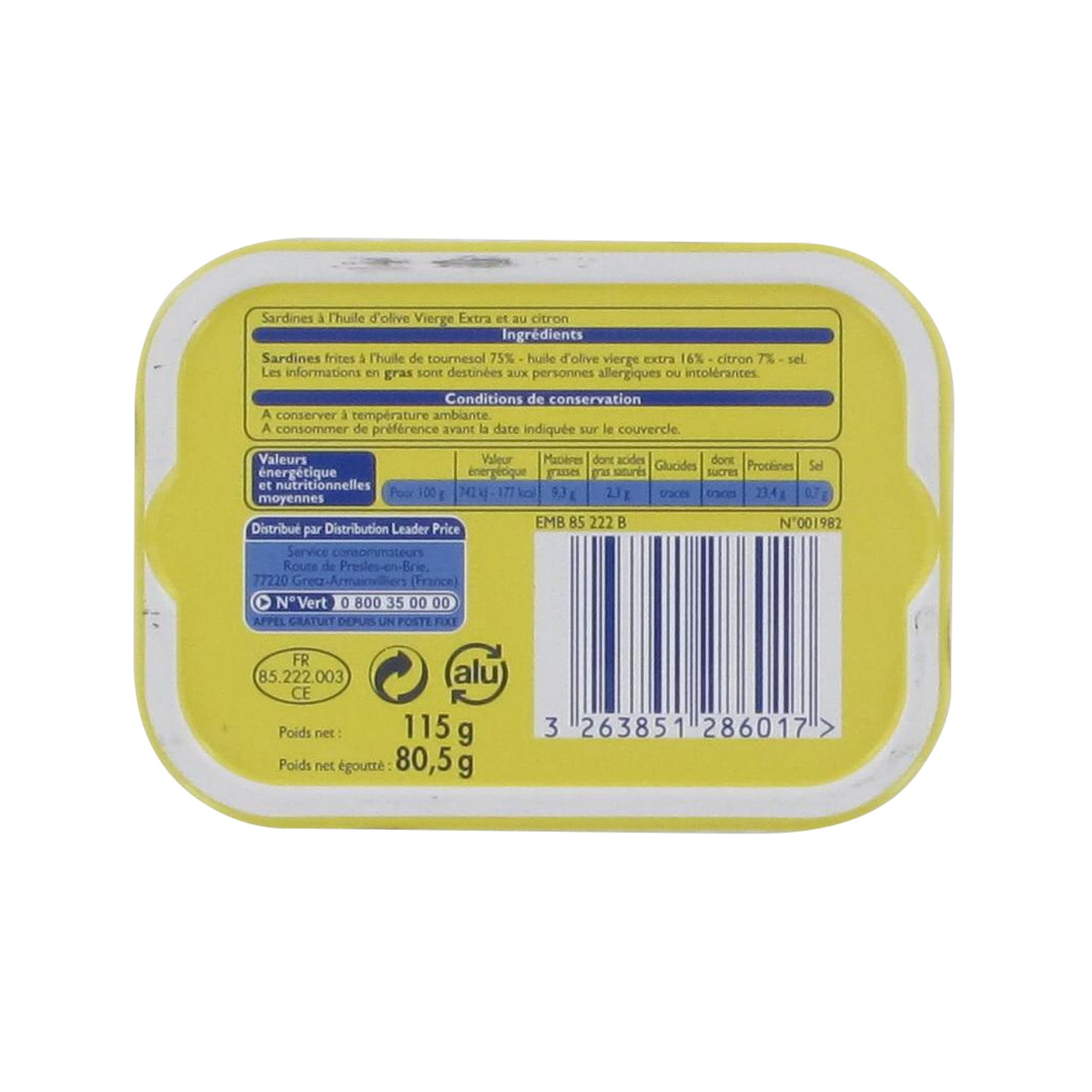 Leader Price sardines huile d'olive citron 115 g conserve