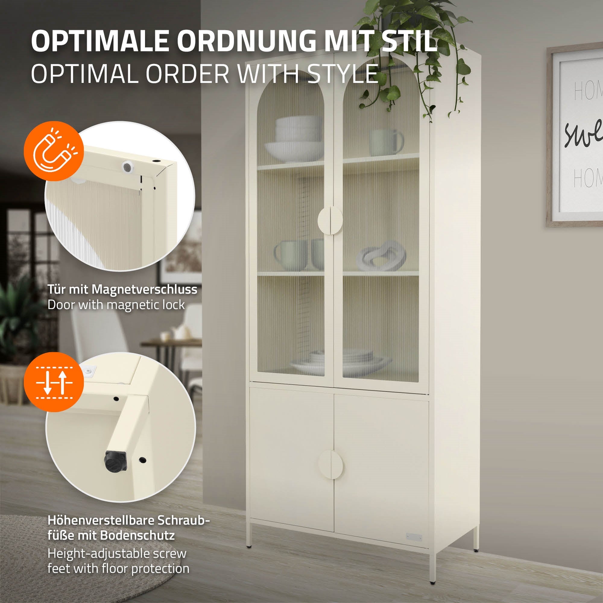 ECD Germany Möbel Vitrine 80x185x40 cm Crème 4 Portes