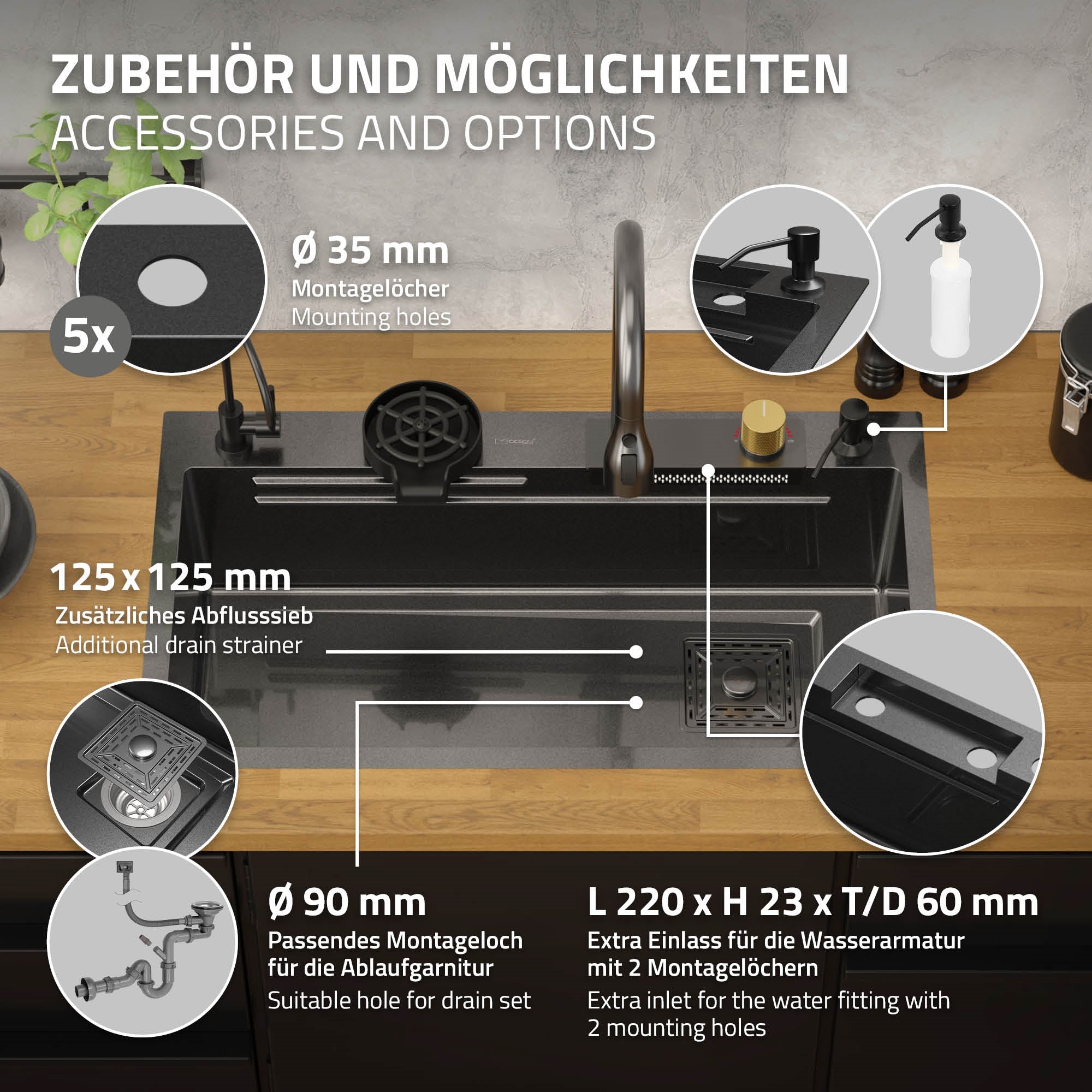 ECD Germany évier inox 80x46 cm anthracite 8 pièces robinet