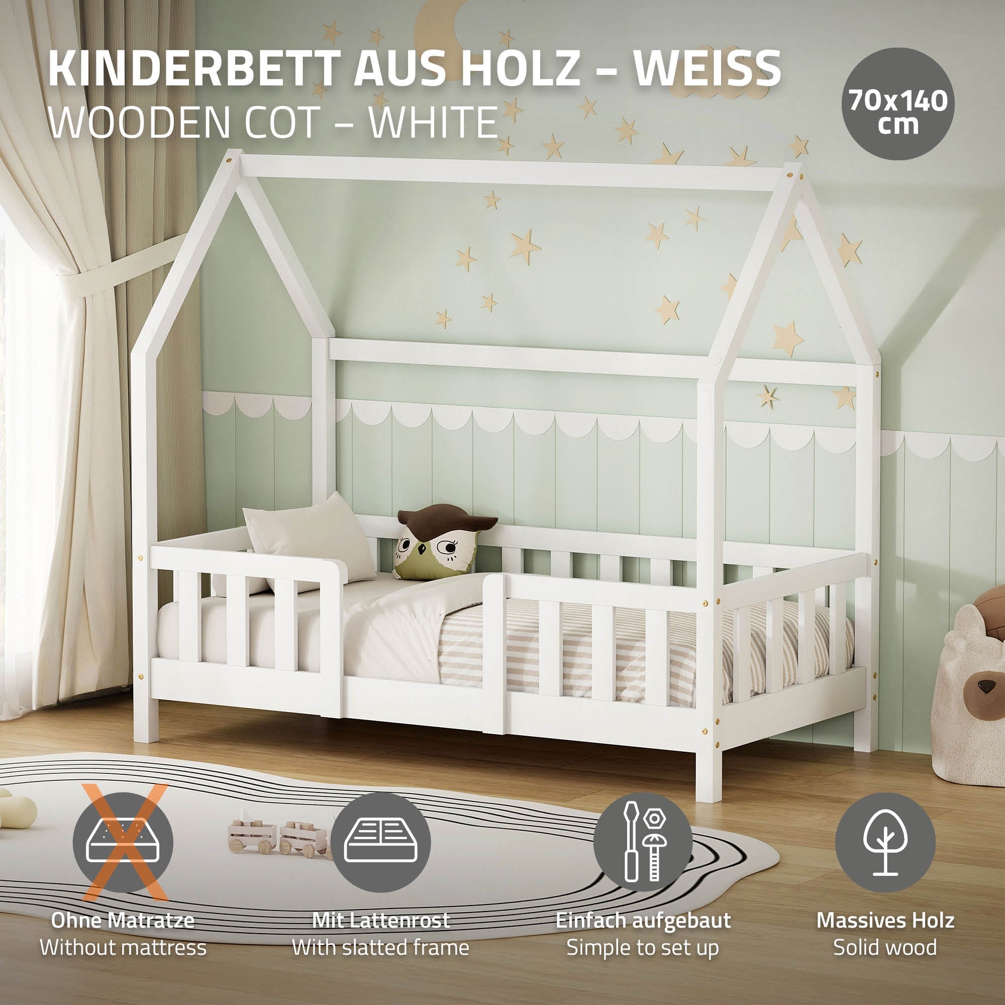 ECD Germany Kinder lit cabane 70x140 blanc avec toit