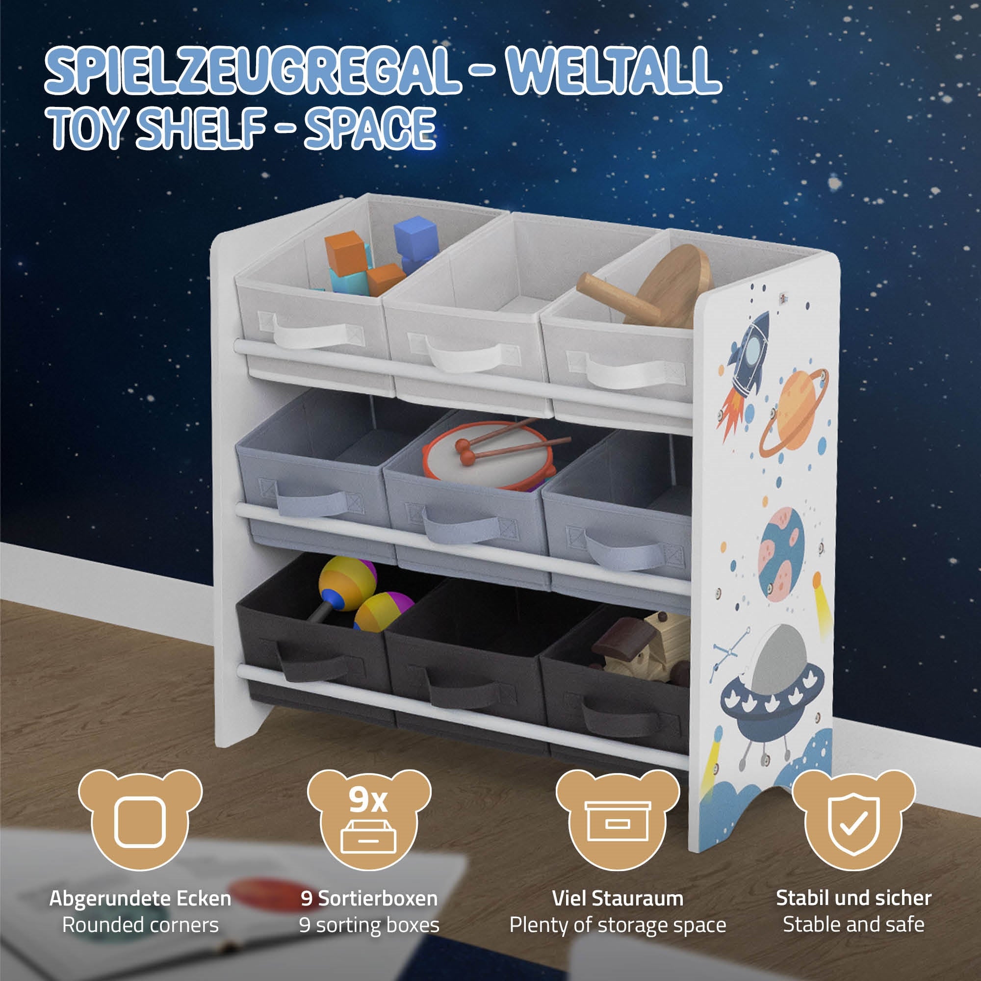 Joyz Étagère enfant espace blanc 9 bacs rangement jouets