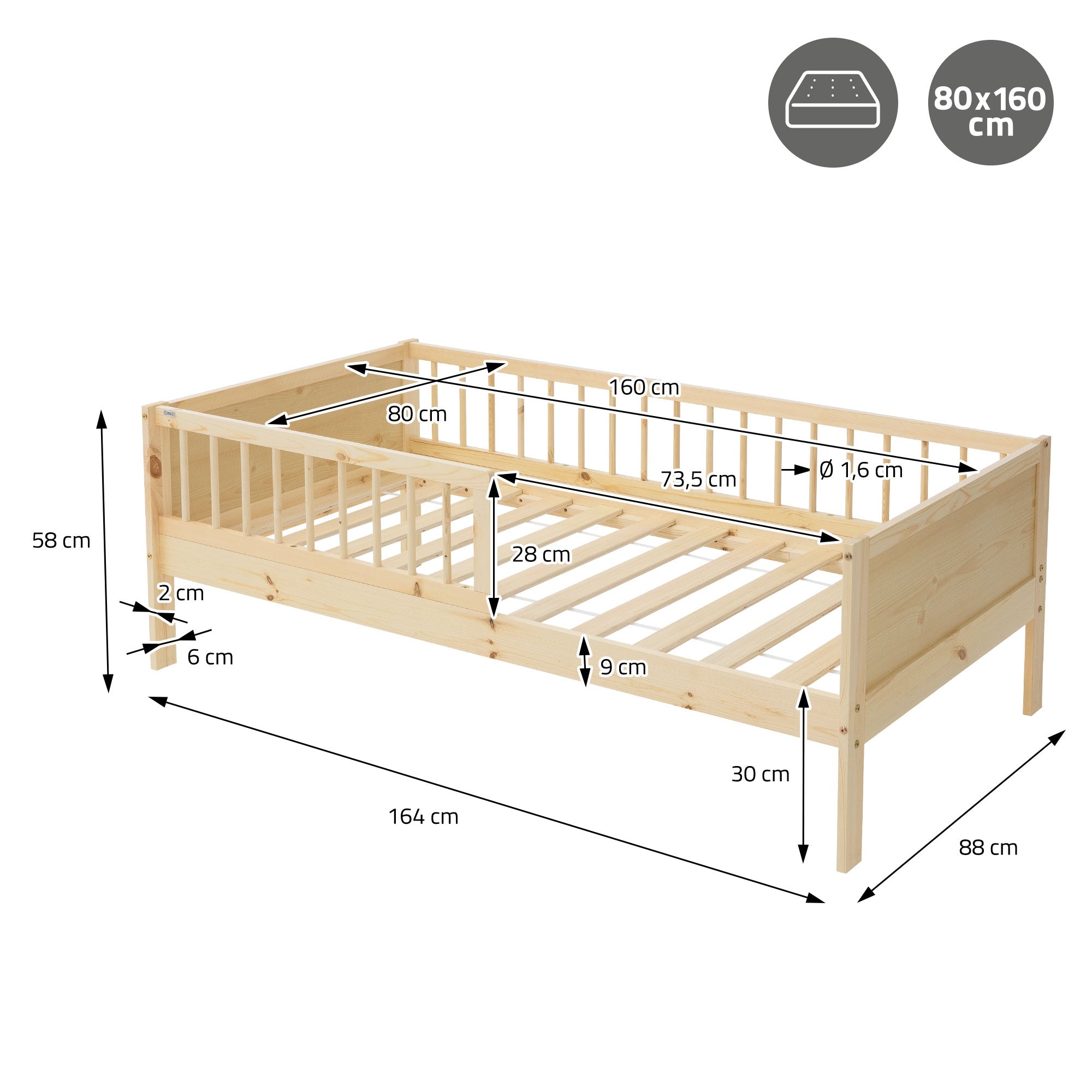 ECD Kinder lit enfant 80x160 cm pin naturel sommier barrière