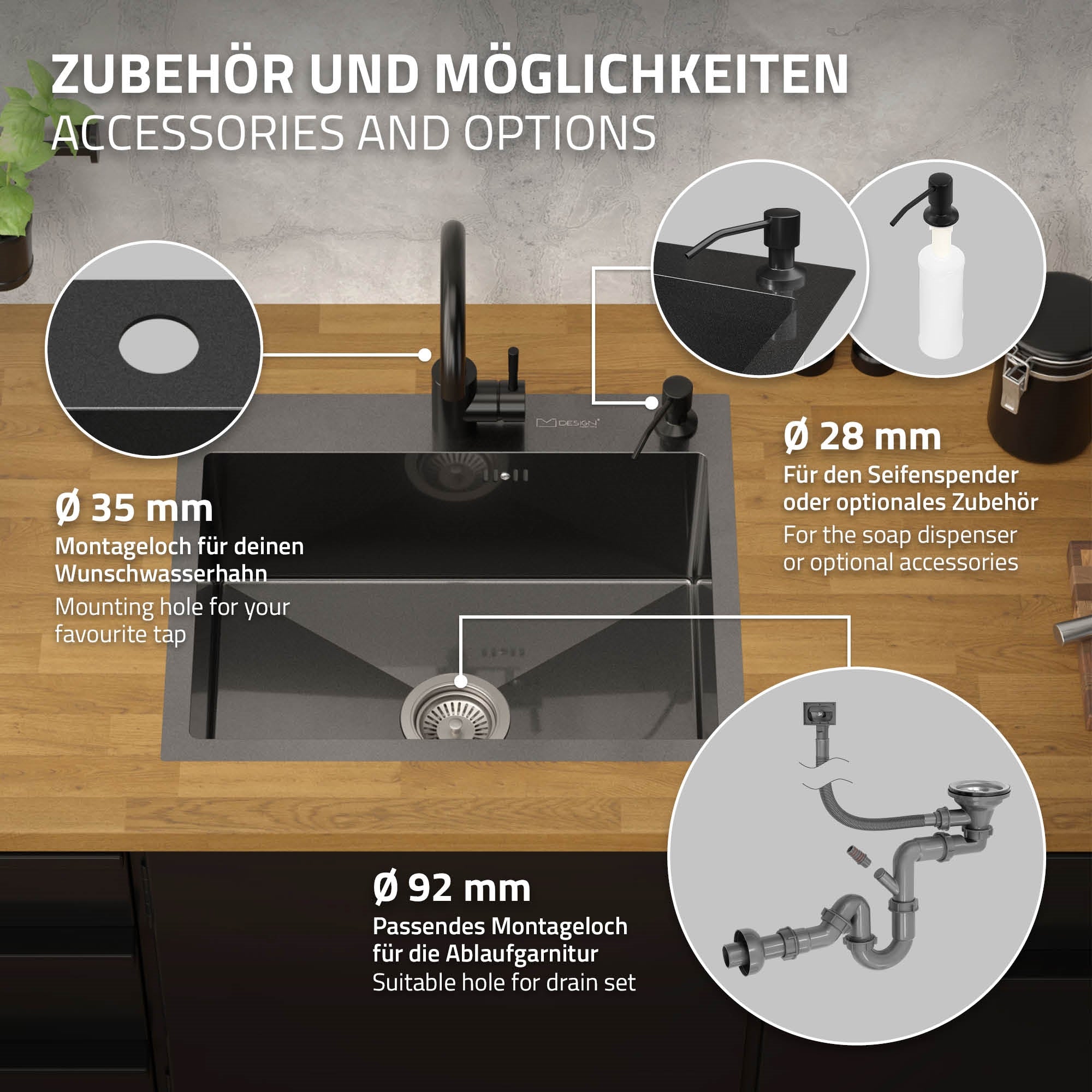 ECD Germany Sanitär évier cuisine inox anthracite 55x45 avec bonde