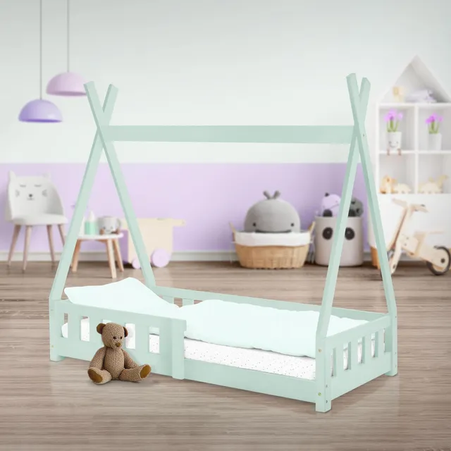 ECD Germany Kinder Lit cabane tipi pin menthe 70x140 cm + sommier
