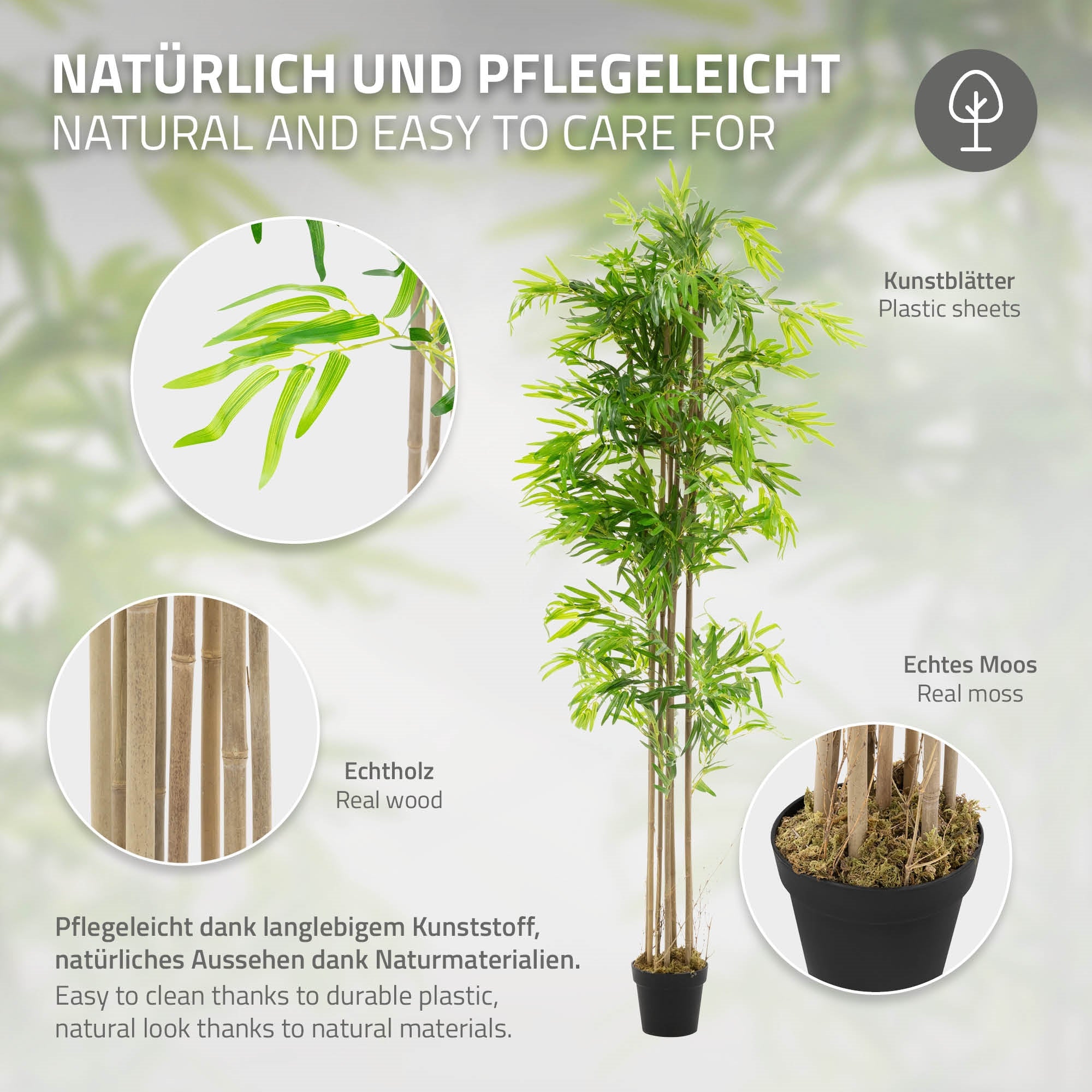 ECD Haus & Wohnen Faux Bambou 210 cm Plante Artificielle Tige Bois