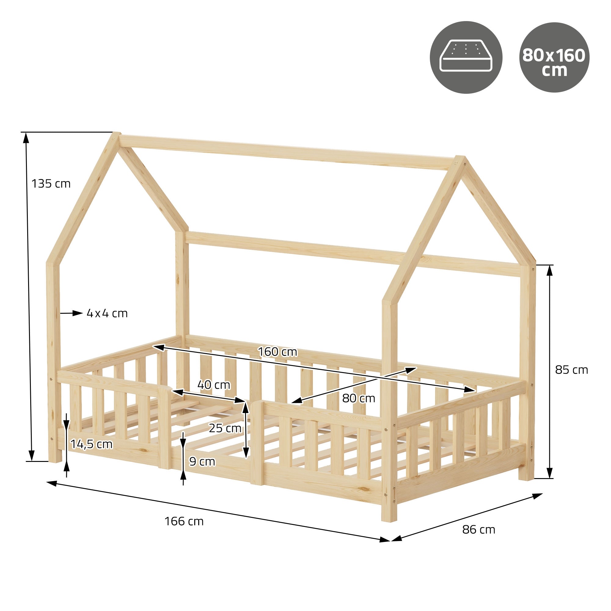 ECD Germany Kinder lit cabane 80x160 pin naturel barrière