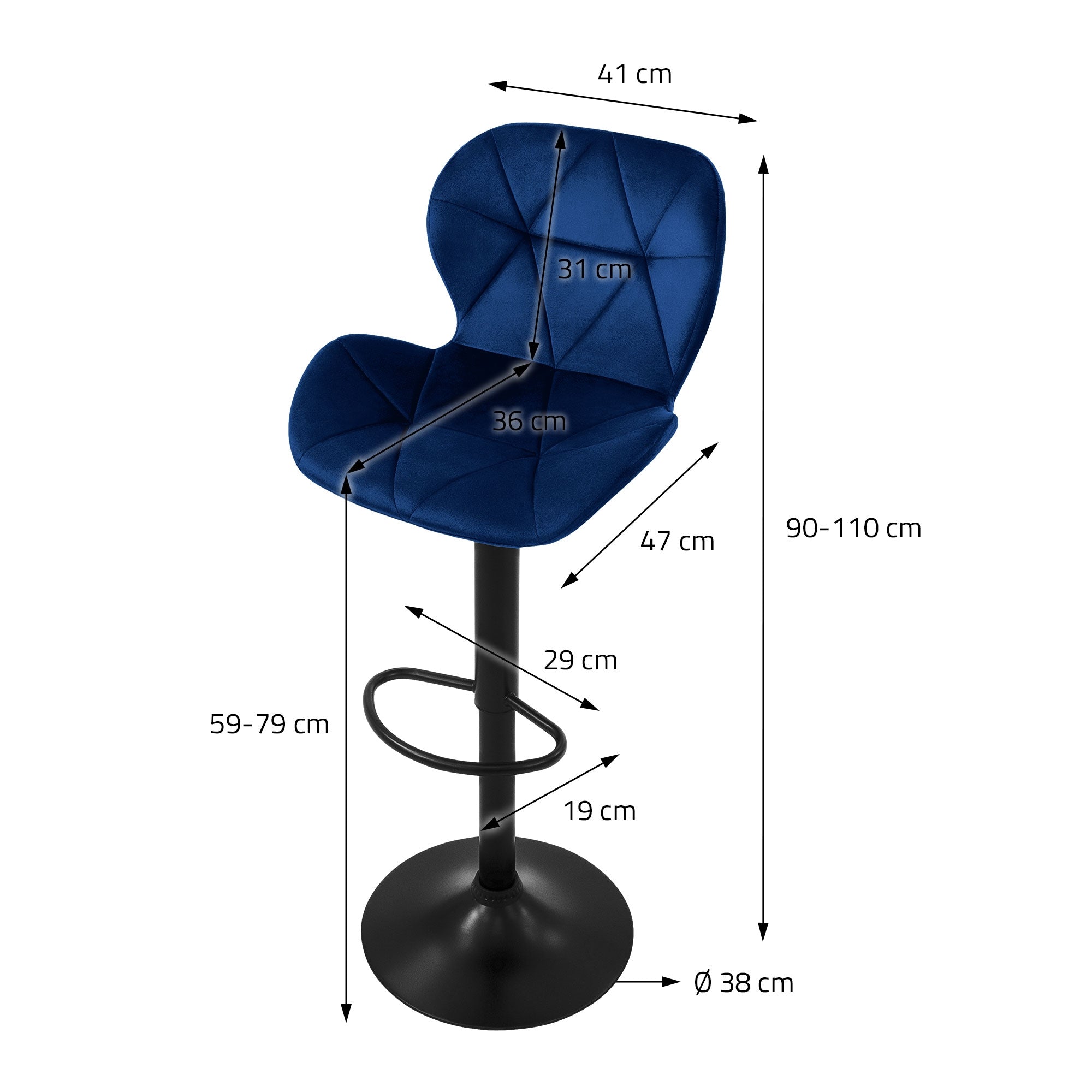 ECD Germany Möbel Tabouret Bar Bleu Velours Lot 2 Réglable