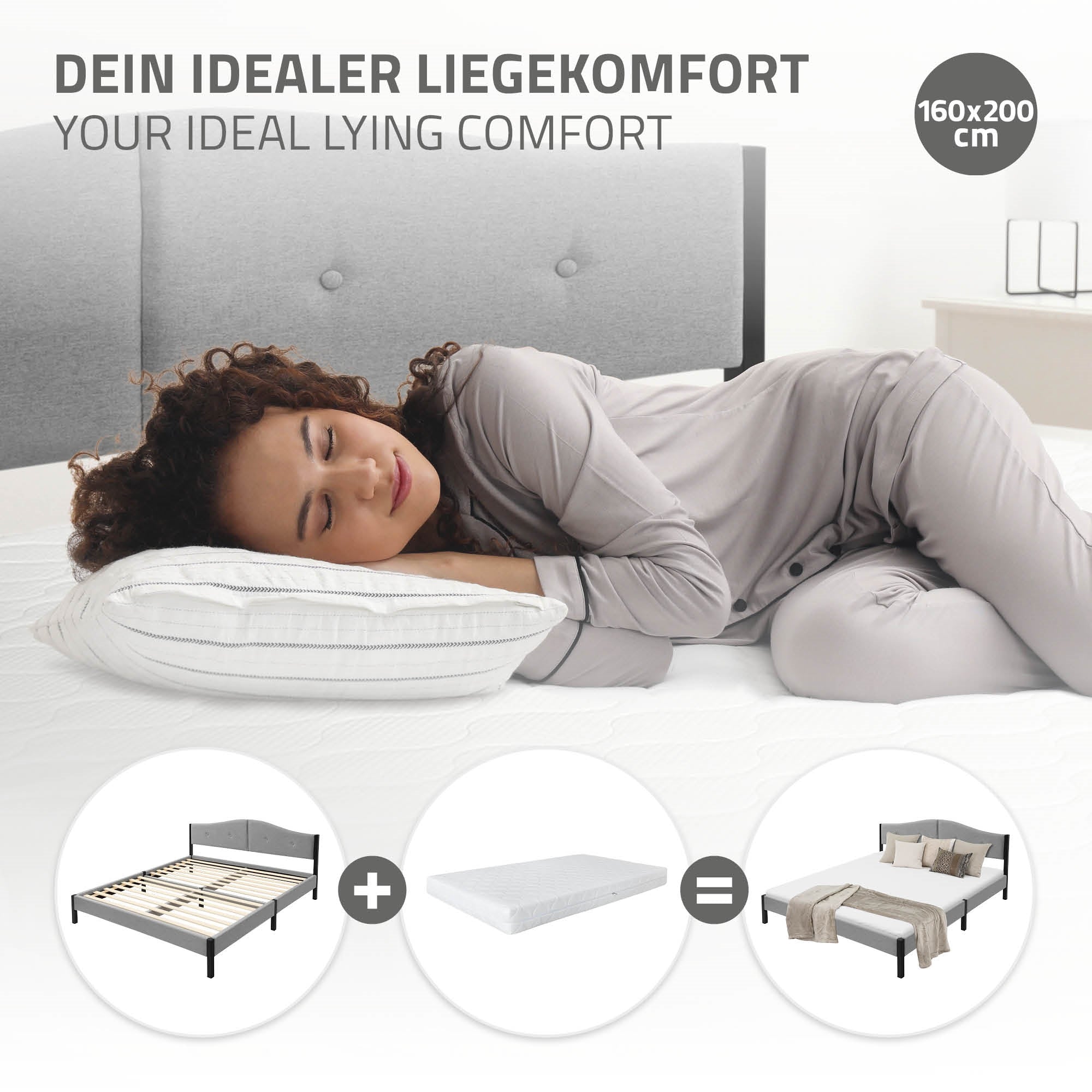 ECD Germany Möbel lit capitonné gris 160x200 avec sommier