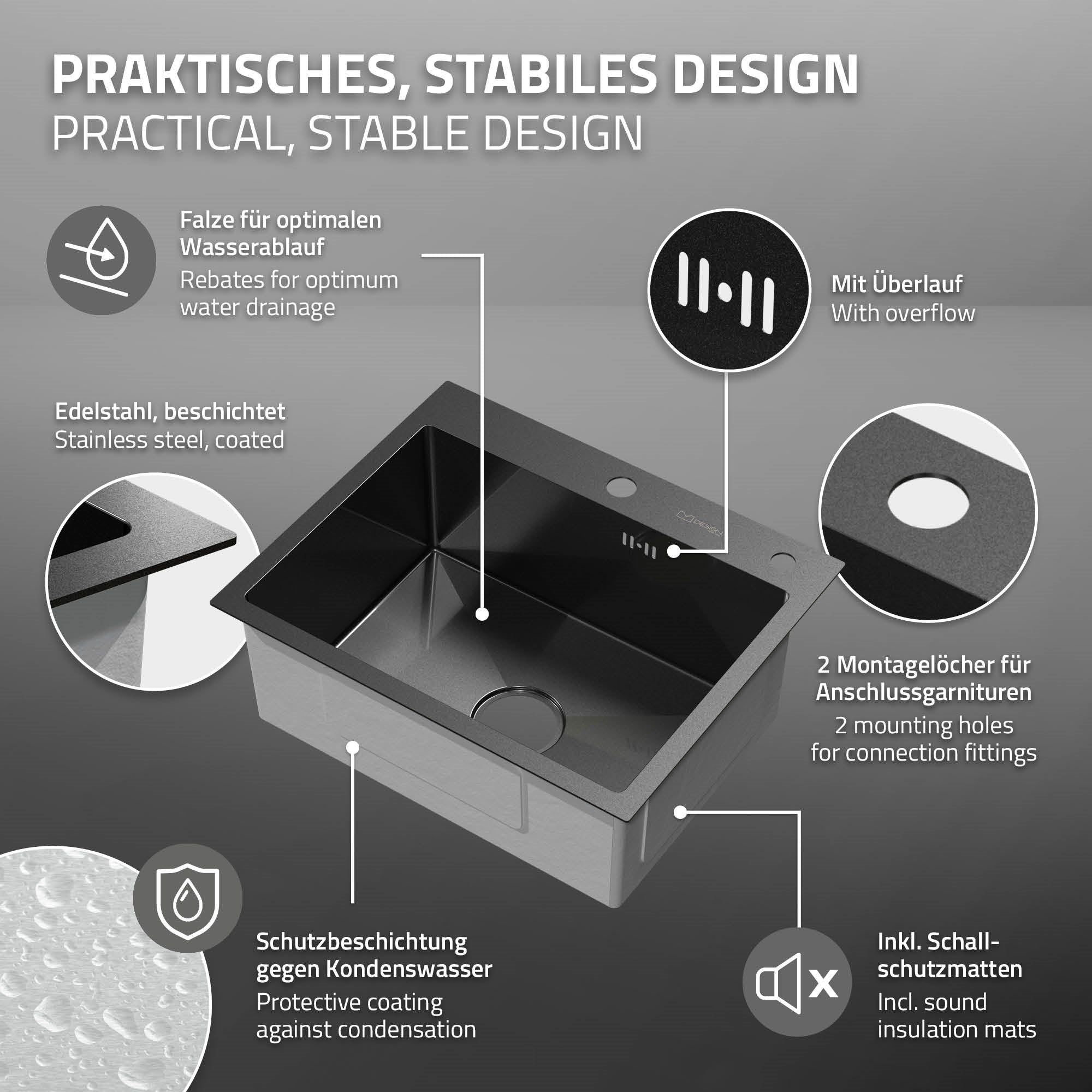 ECD Germany Sanitär évier cuisine inox anthracite 55x45 avec bonde
