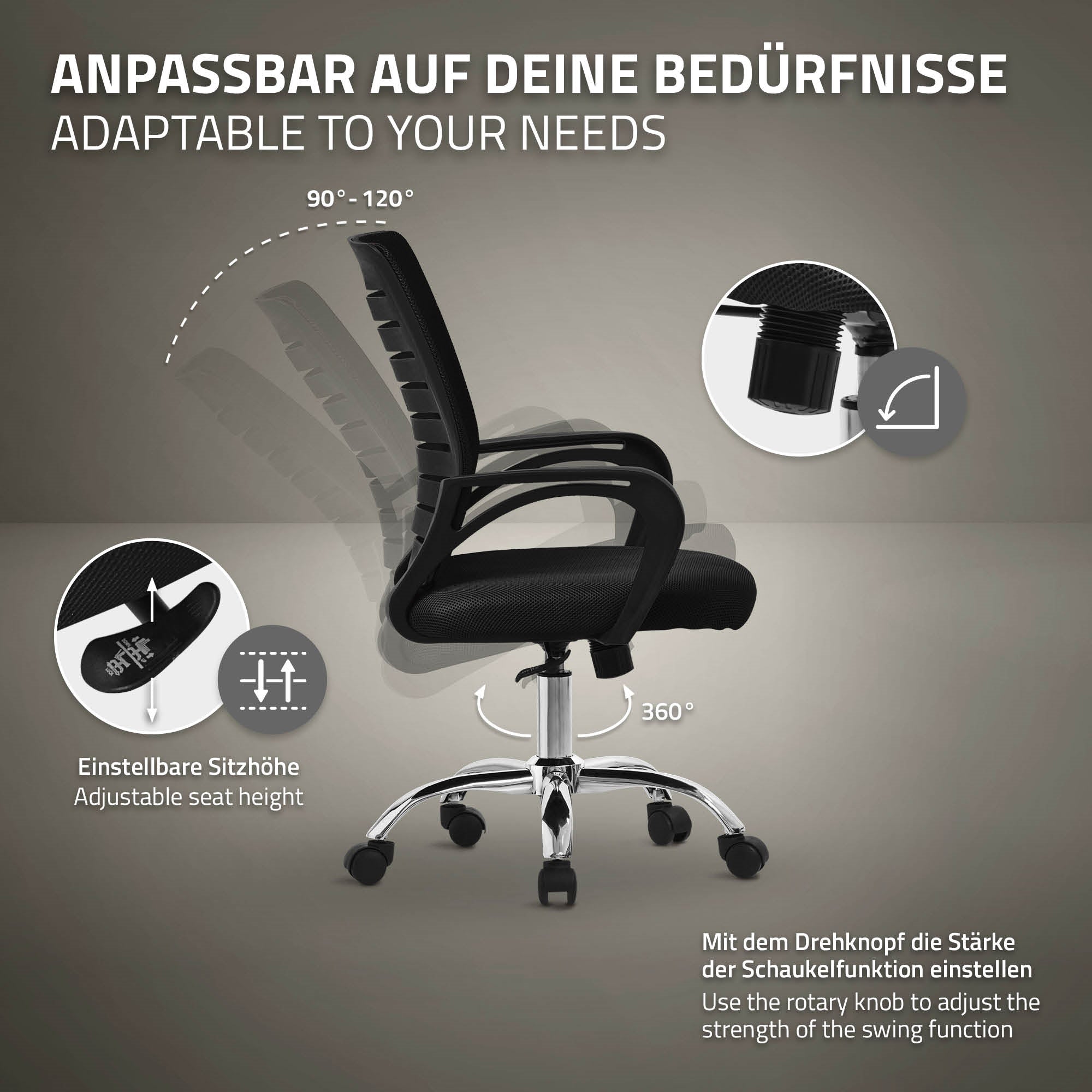 ECD Germany ML-Design chaise bureau ergonomique noir à roulettes