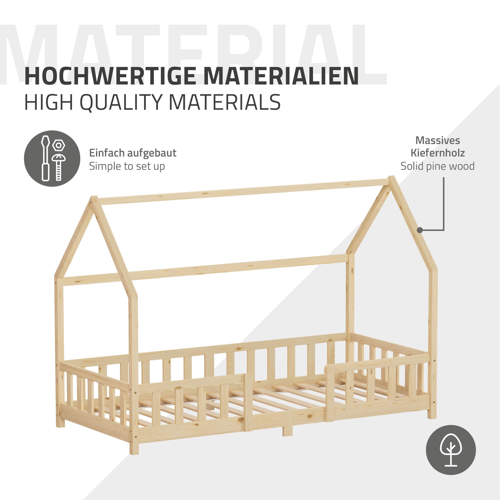 ECD Kinder lit cabane 90x200 naturel barrière sans matelas