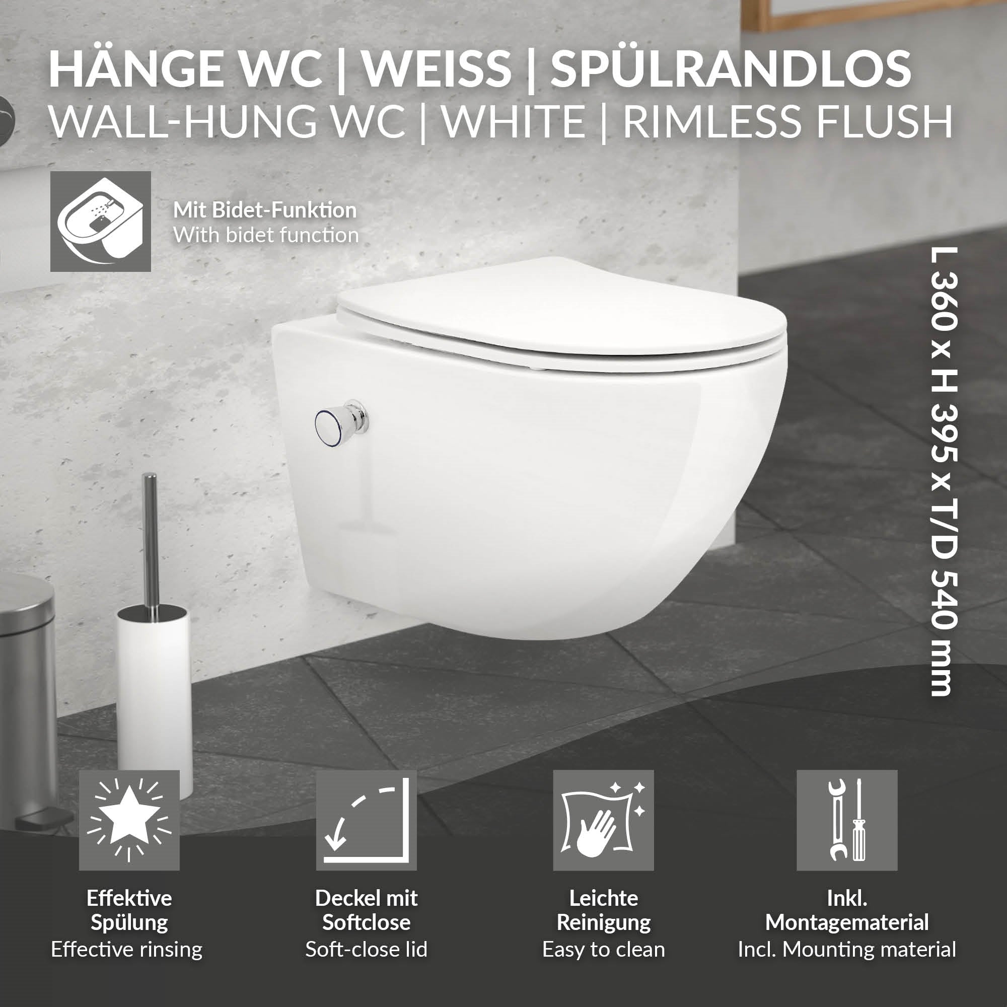 ECD Germany Sanitär WC suspendu 54 cm bidet sans bride