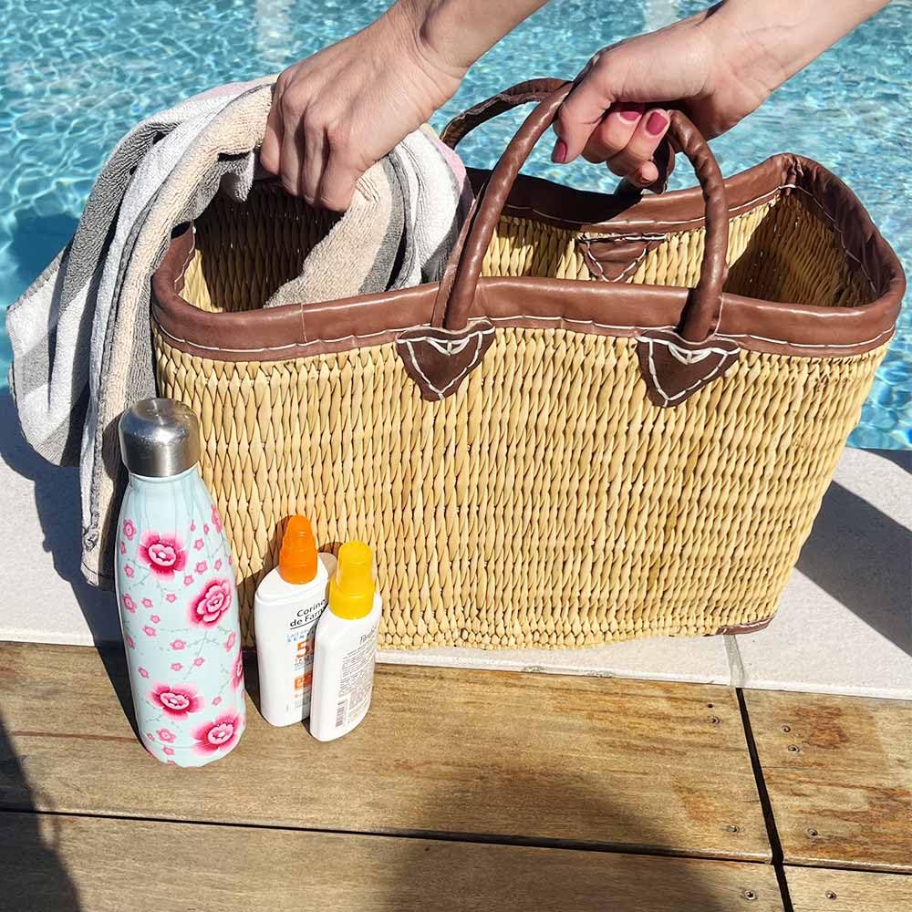 Shop-Story Panier Tressé Cabas Plage Jonc Naturel Cuir