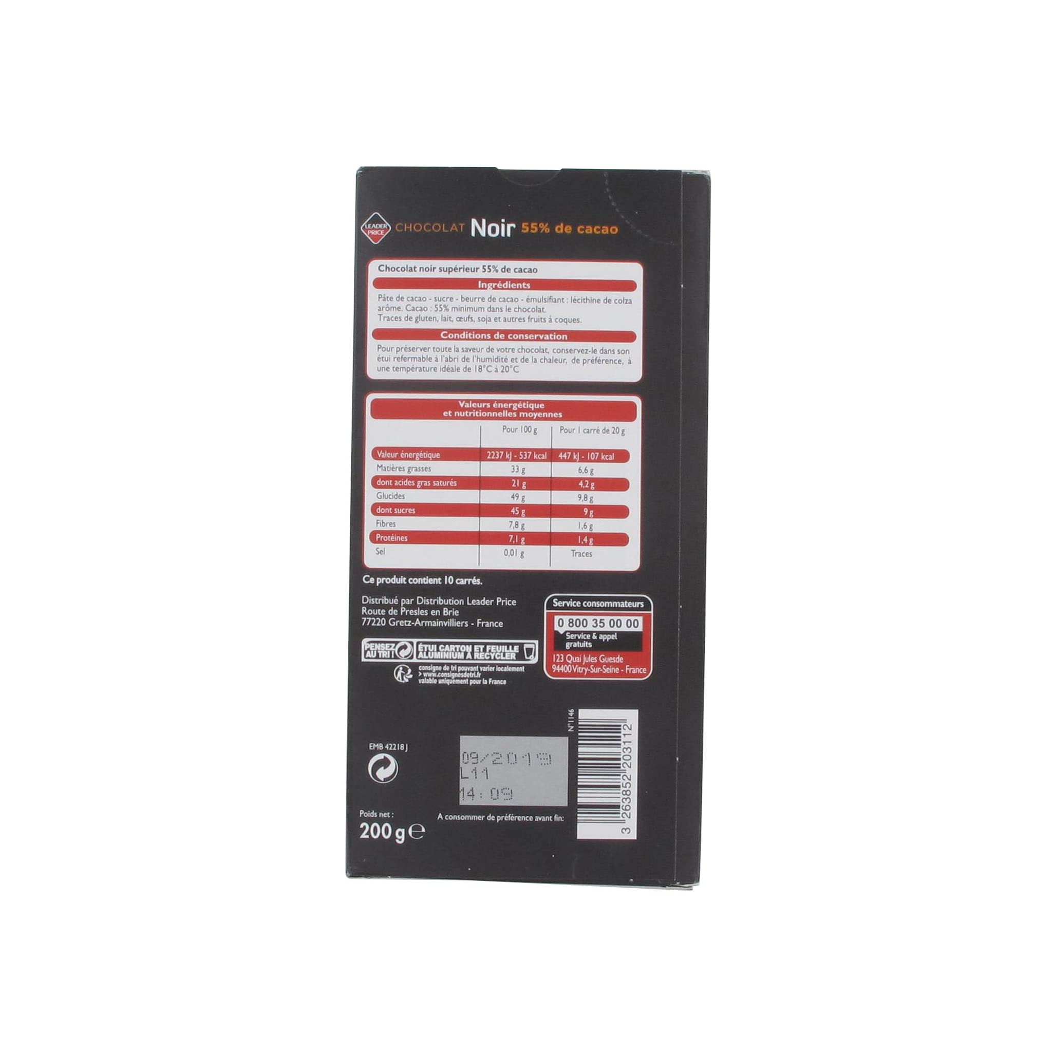 Leader Price Tablette chocolat noir 55% 200g