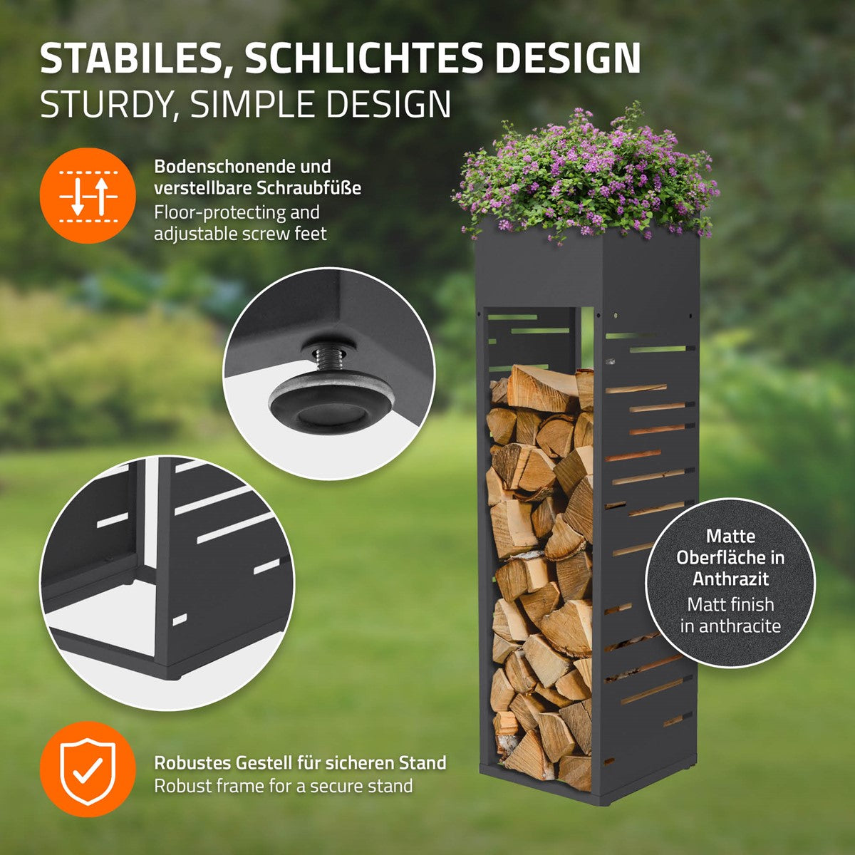 ECD Germany Garten porte-bûches 30x30x111 anthracite grille