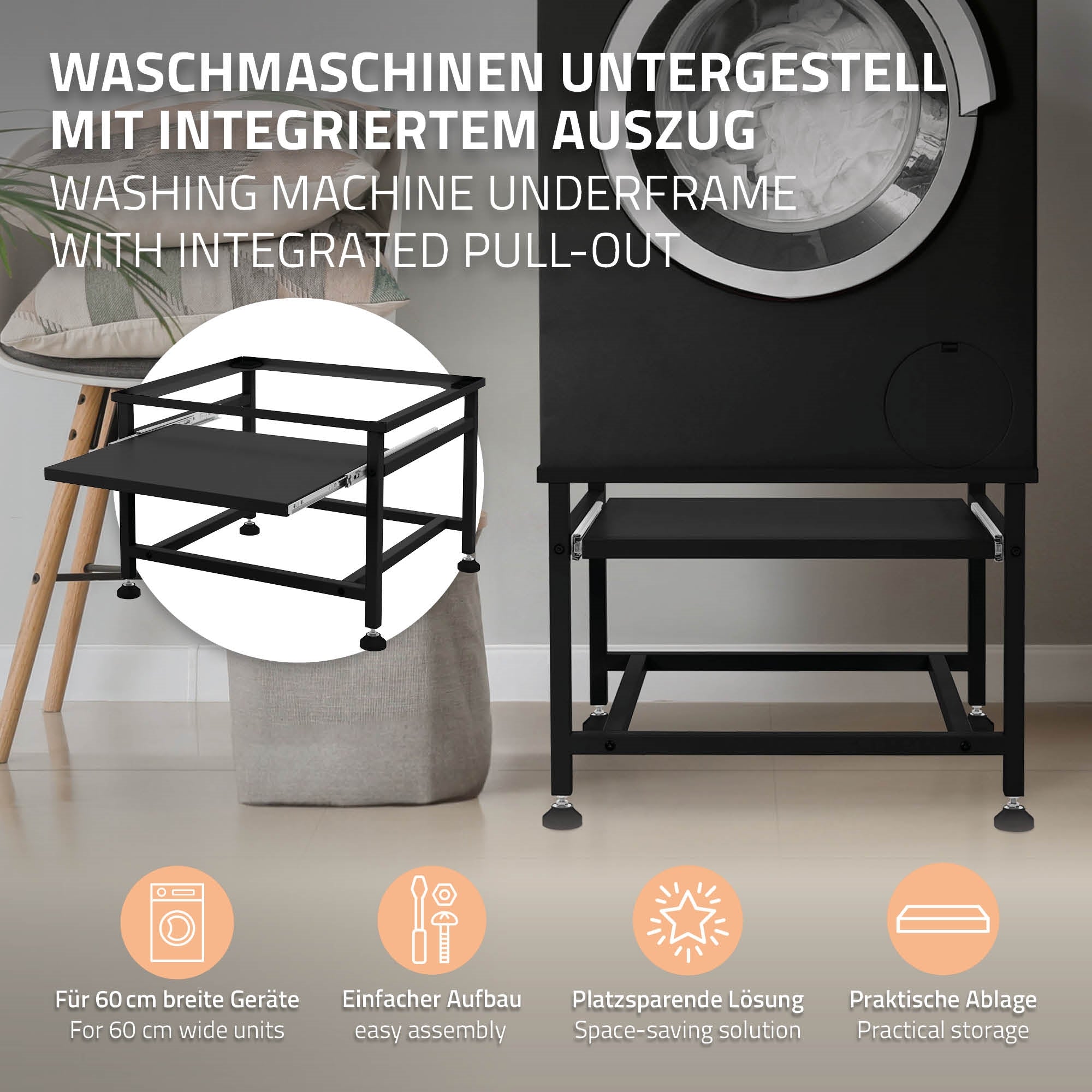 ECD Germany Möbel support lave-linge 62,5 cm noir avec tablette